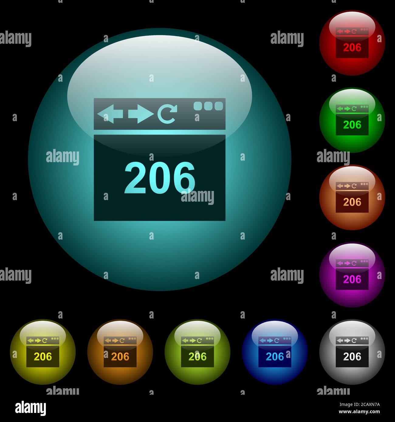 Browser 206 Partial Content icons in color illuminated spherical glass ...