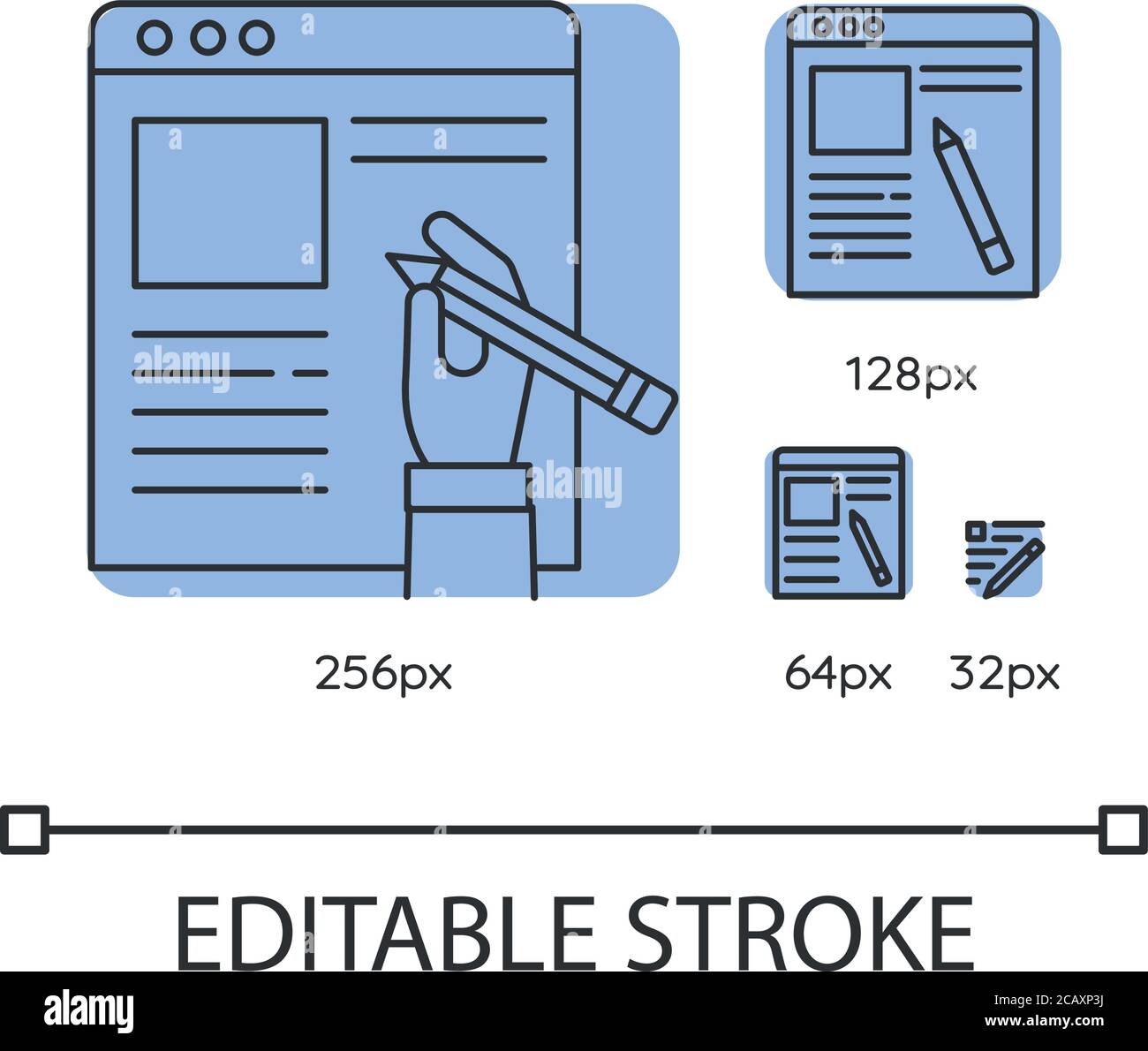 Copywriter, article author blue linear icons set. Essay writing and editing, journalism. Thin line customizable 256, 128, 64 and 32 px vector illustra Stock Vector