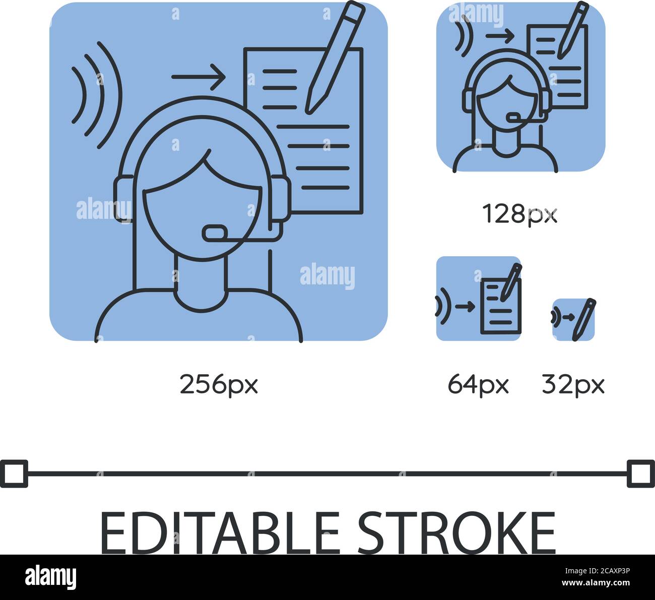Transcription blue linear icons set. Listening, translation, foreign language representation