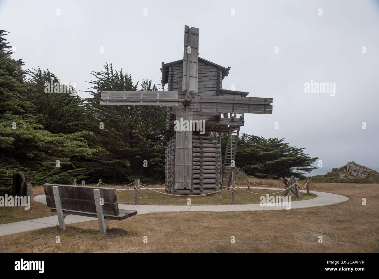 Old Mill in Fort Ross State Park, California, USA, close-up, on a foggy, overcast day typical of the Sonoma Coast. Stock Photo
