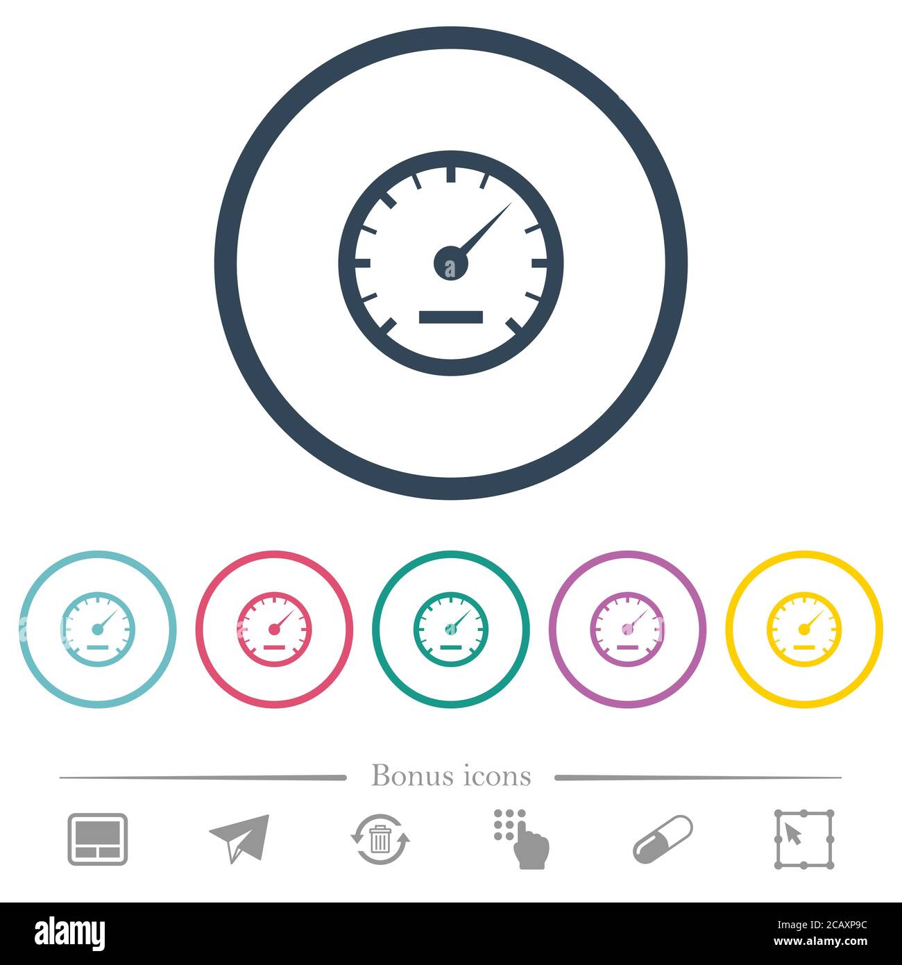 Speedometer flat color icons in round outlines. 6 bonus icons included ...