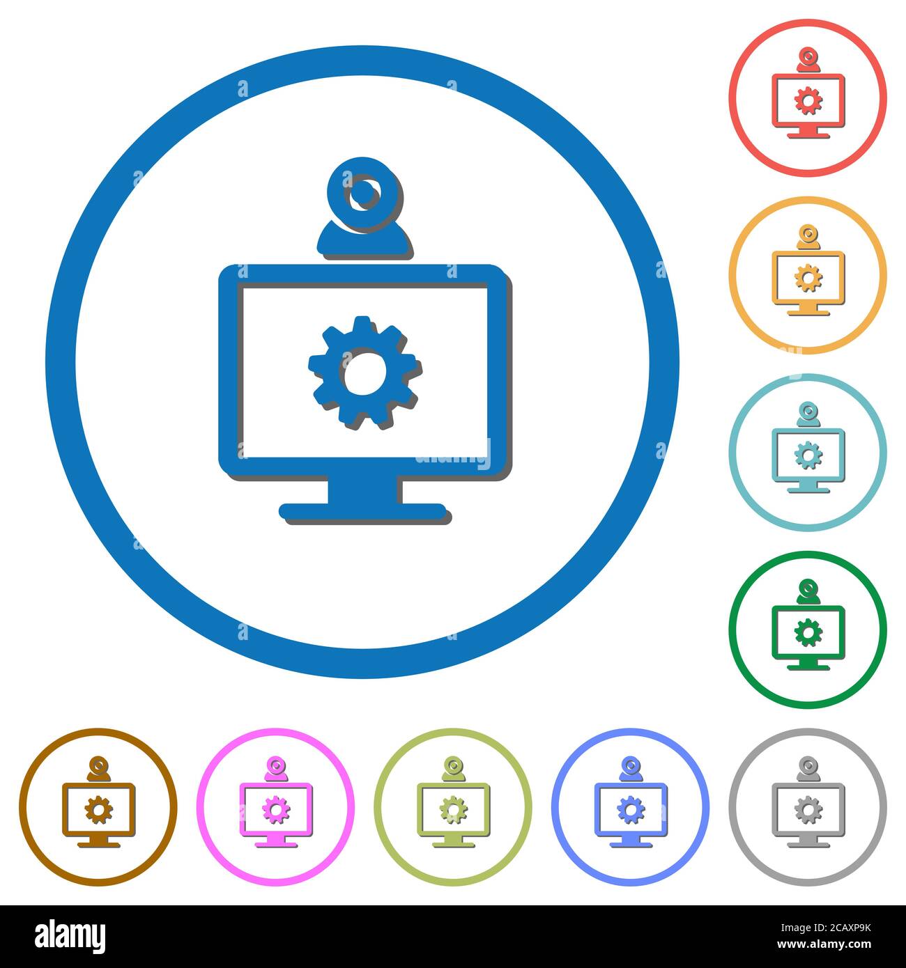 Webcam settings flat color vector icons with shadows in round outlines ...