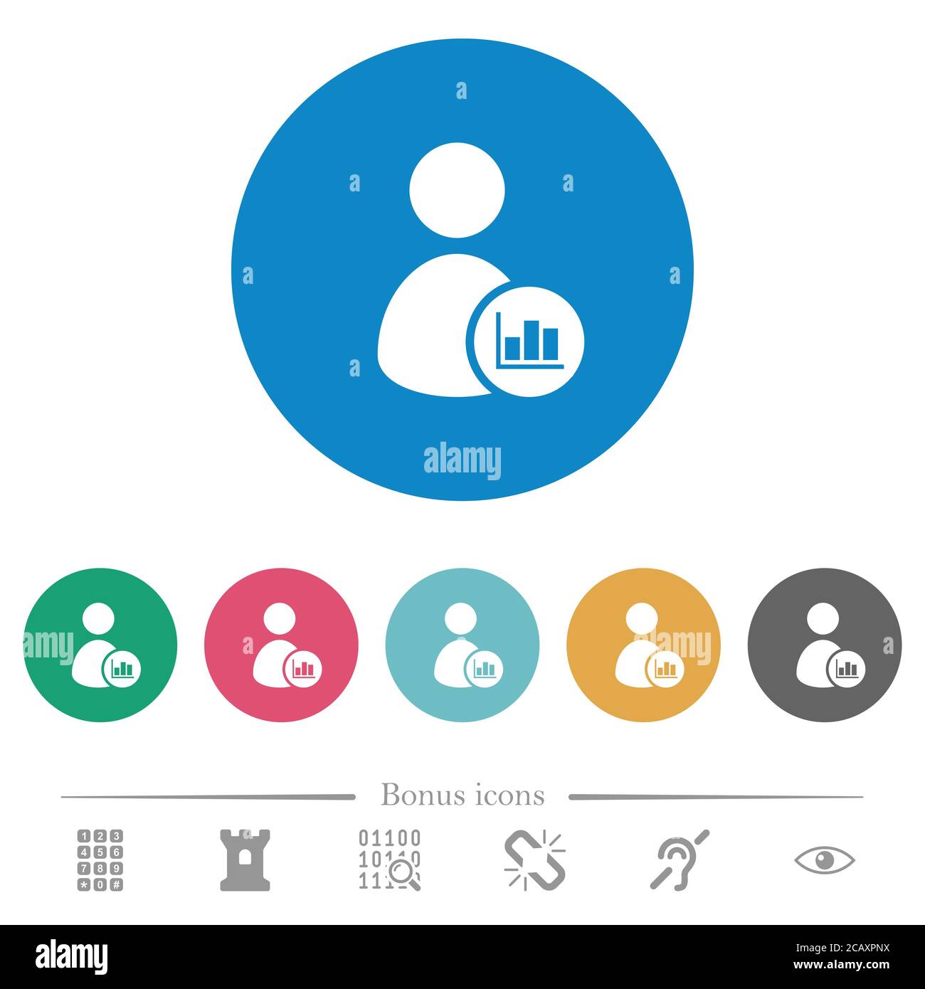 User account statistics flat white icons on round color backgrounds. 6 ...