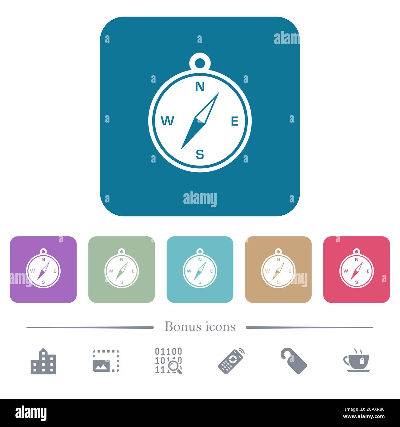 Compass white flat icons on color rounded square backgrounds. 6 bonus ...