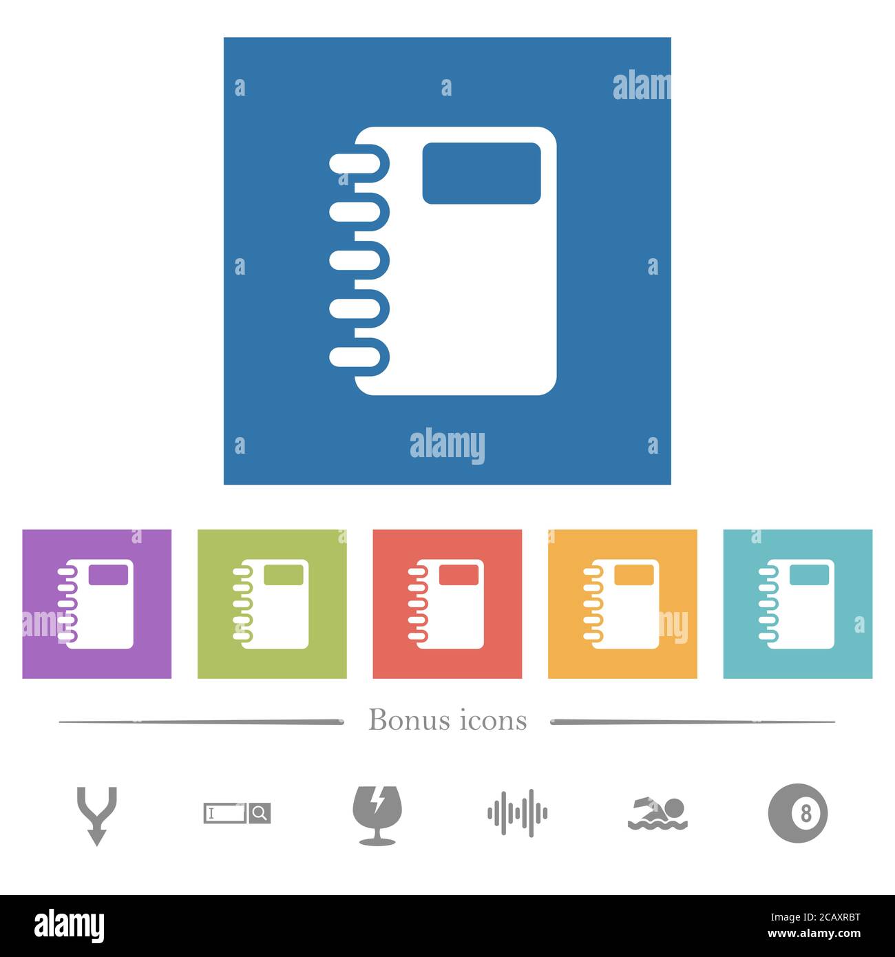 Spiral notebook flat white icons in square backgrounds. 6 bonus icons ...