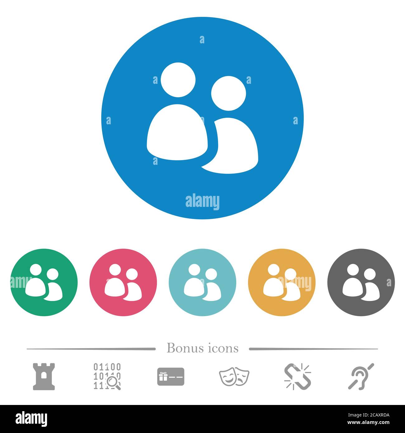 User group flat white icons on round color backgrounds. 6 bonus icons ...