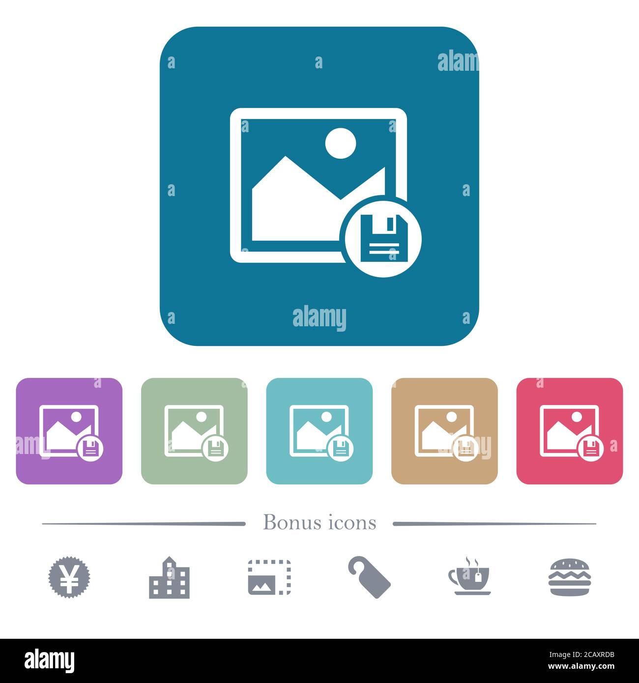 Save image white flat icons on color rounded square backgrounds. 6 ...