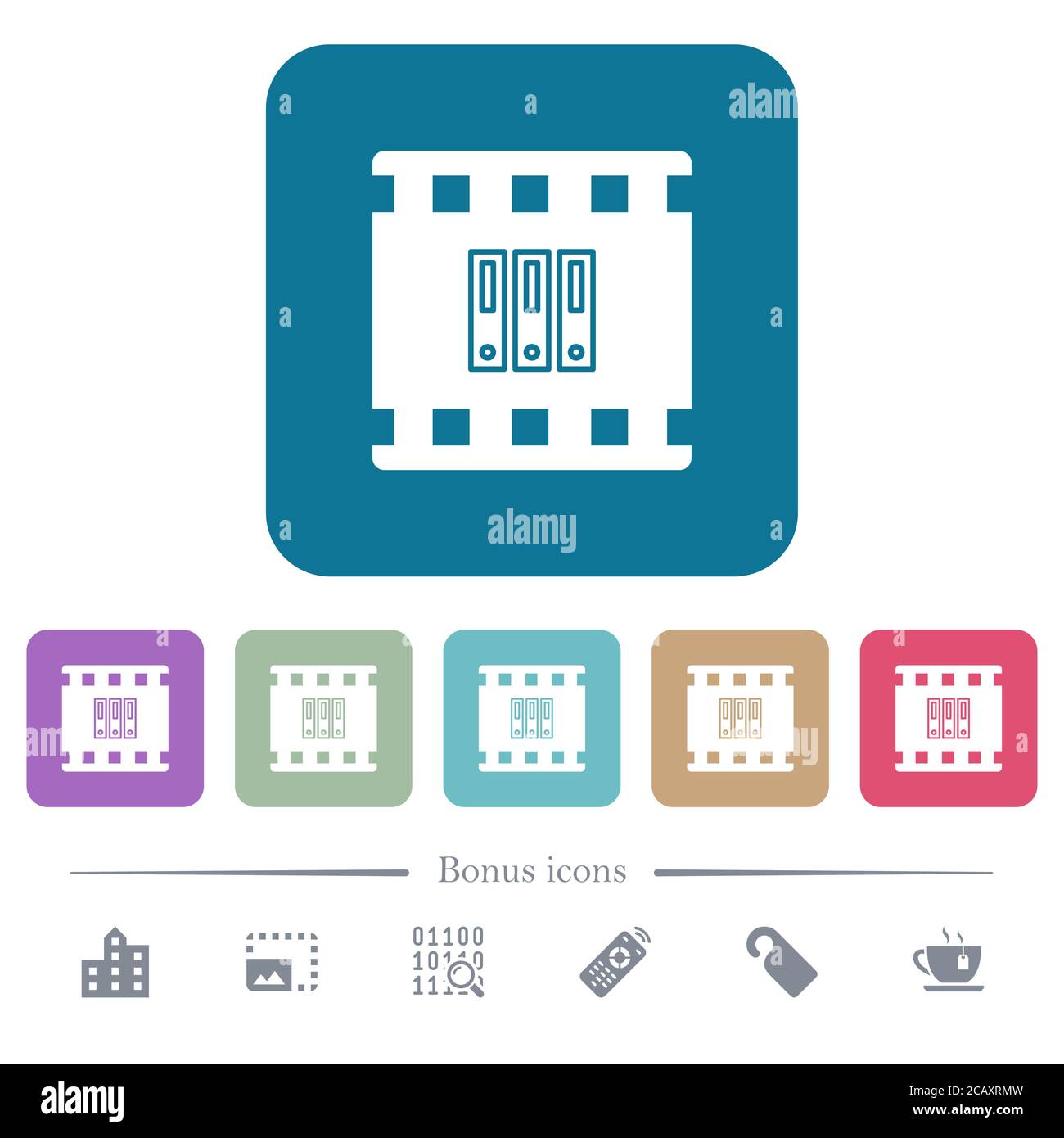 Archive movie white flat icons on color rounded square backgrounds. 6 ...