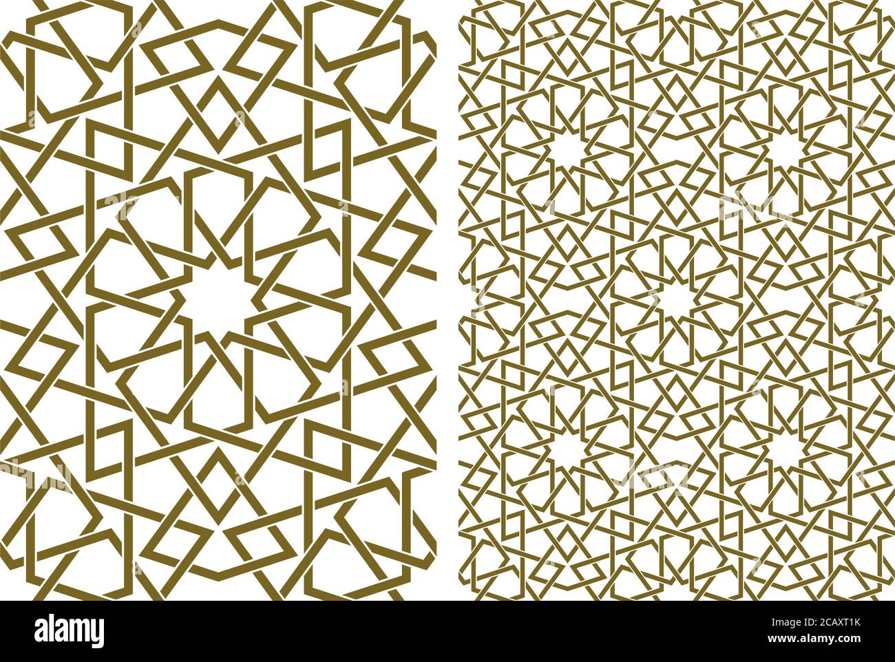Seamless geometric ornament based on traditional islamic art.Brown color lines.Set single pattern and 2x2 pattern.Thick whicker lines. Stock Vector