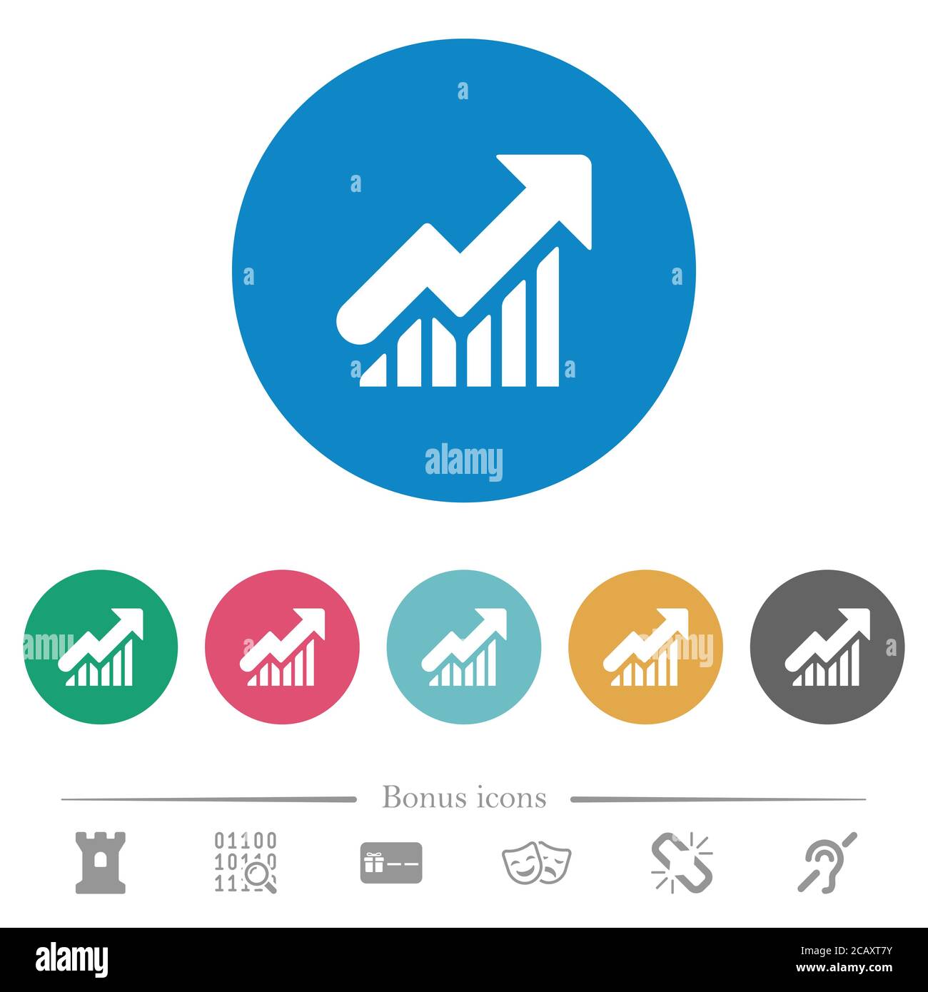 Rising graph flat white icons on round color backgrounds. 6 bonus icons ...