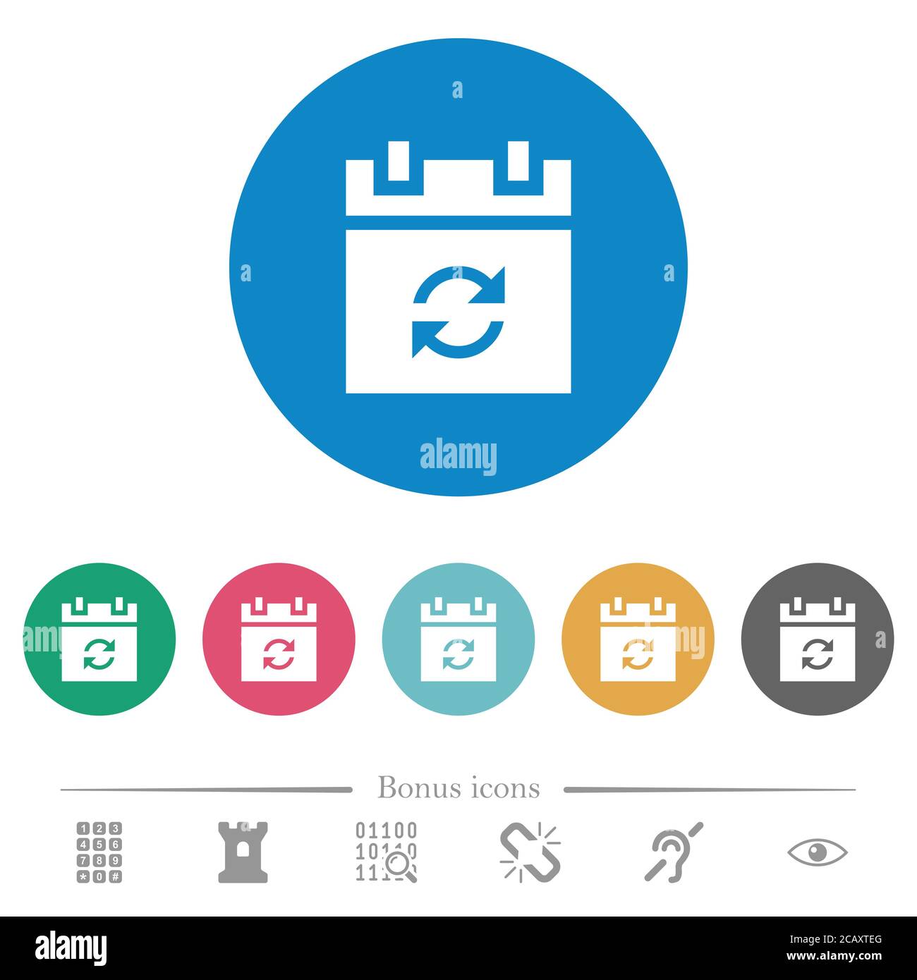 Syncronize schedule flat white icons on round color backgrounds. 6 ...