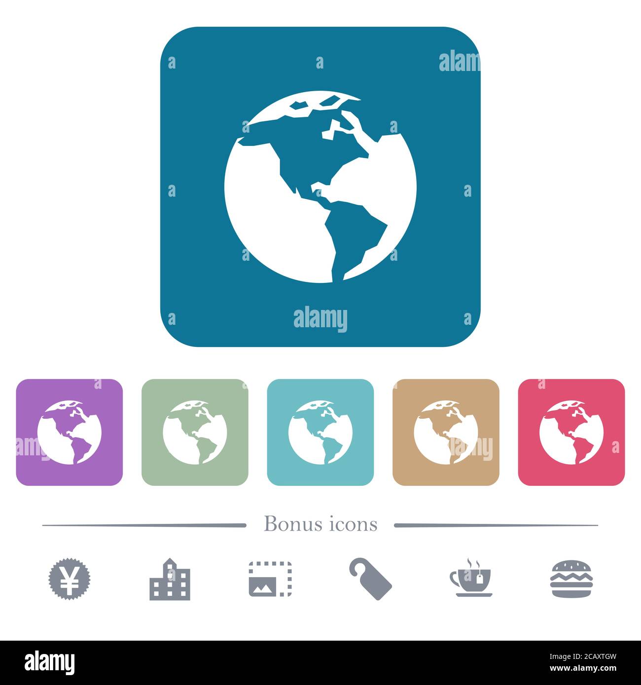 Earth white flat icons on color rounded square backgrounds. 6 bonus ...
