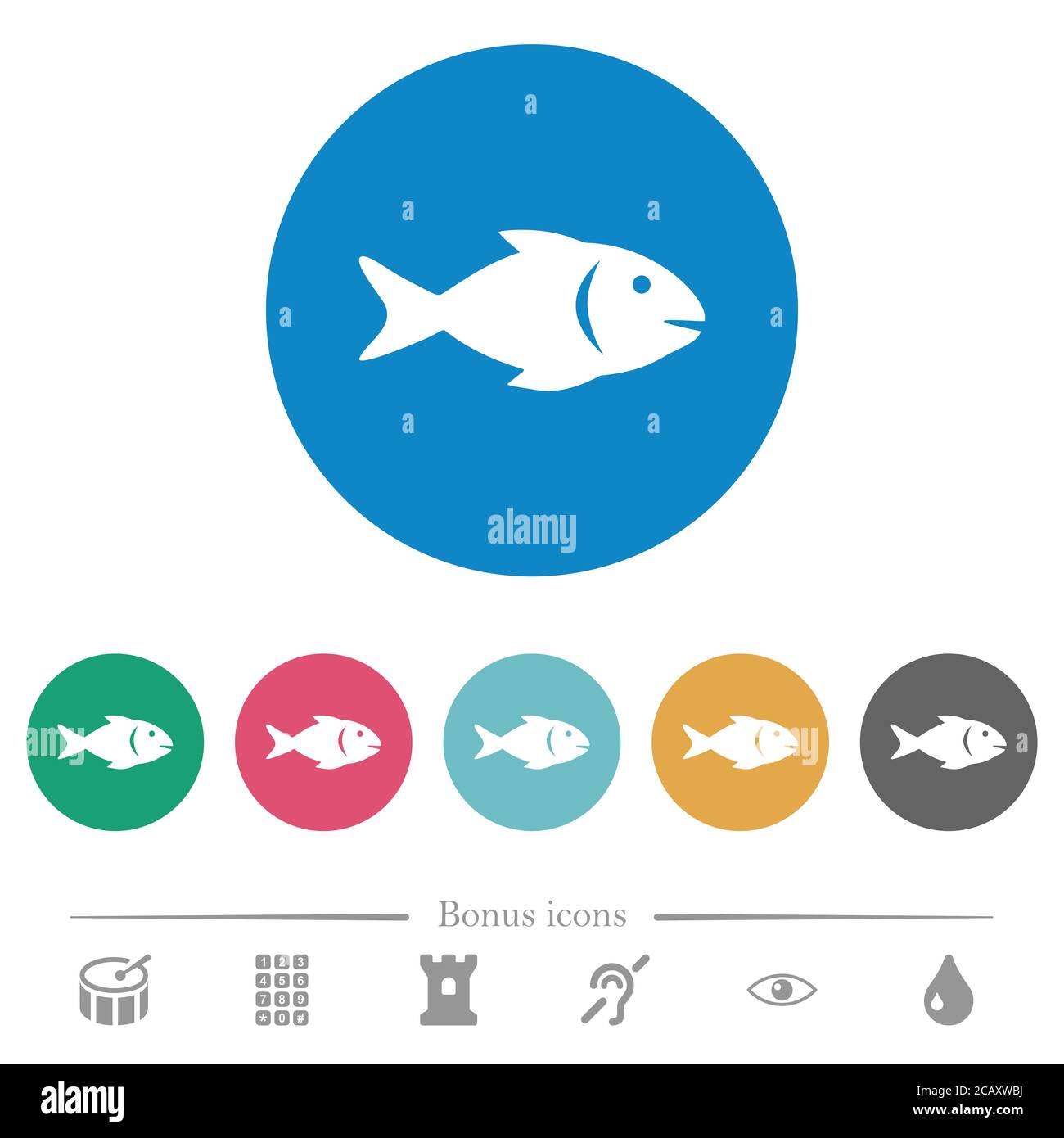 Fish flat white icons on round color backgrounds. 6 bonus icons ...