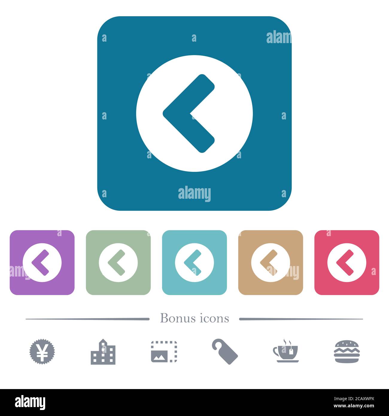 Chevron left white flat icons on color rounded square backgrounds. 6 ...