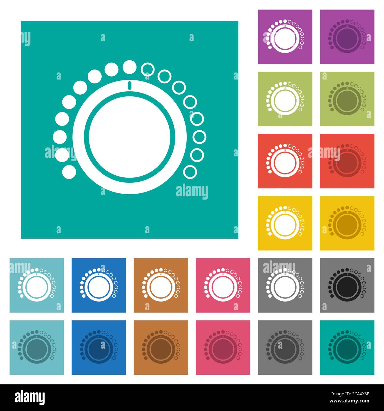 Volume control multi colored flat icons on plain square backgrounds. Included white and darker icon variations for hover or active effects. Stock Vector