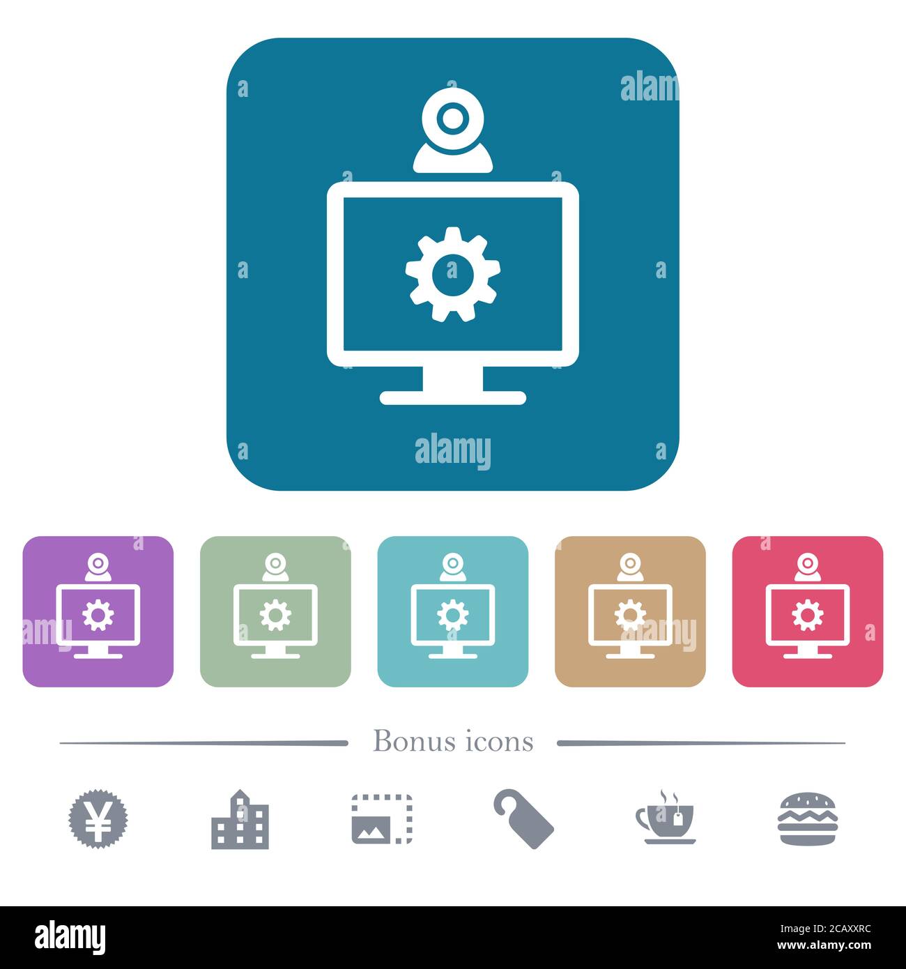 Webcam settings white flat icons on color rounded square backgrounds. 6 ...
