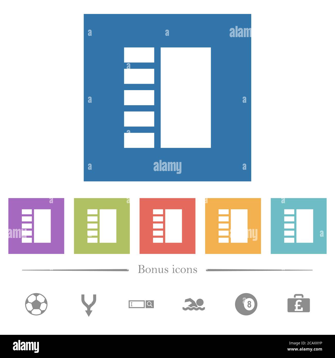 Vertical tabbed layout flat white icons in square backgrounds. 6 bonus ...