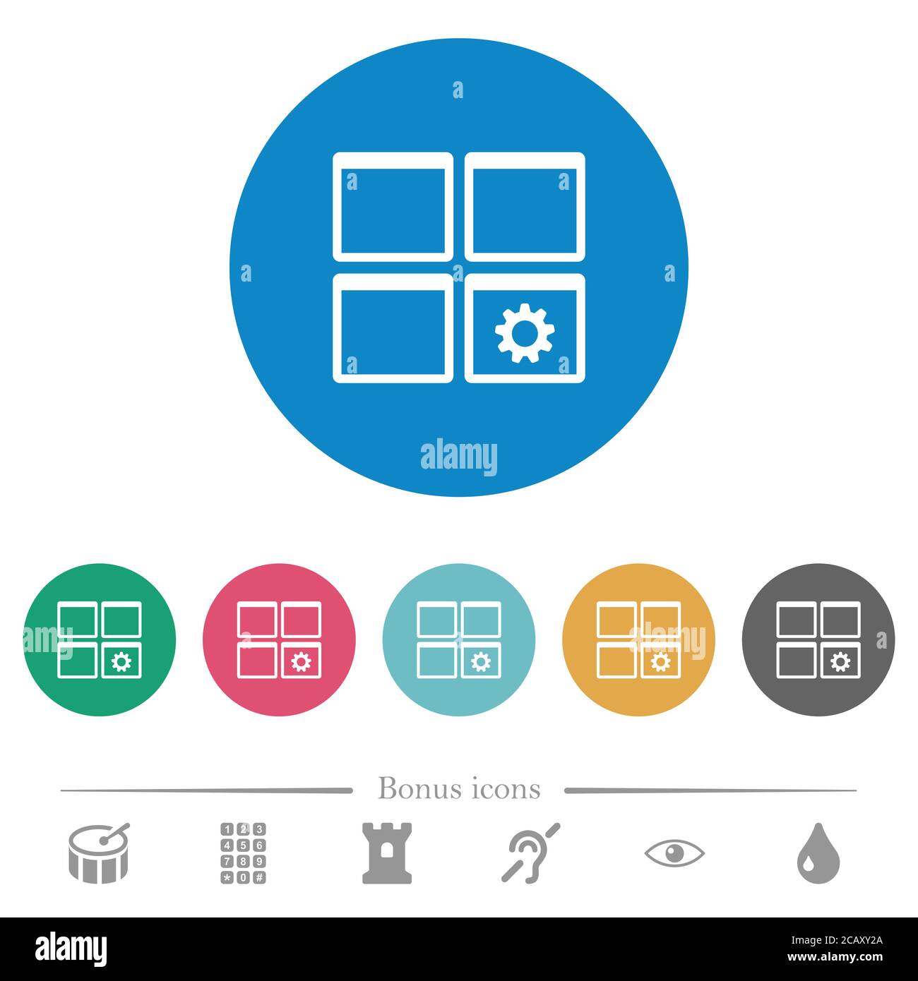 Dashboard settings flat white icons on round color backgrounds. 6 bonus ...