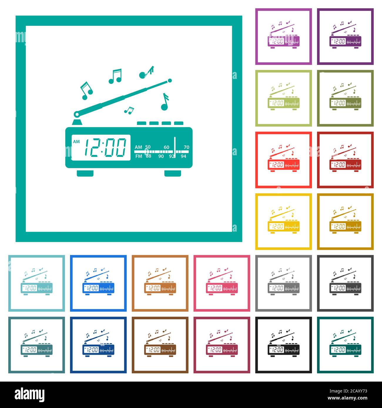 Vintage radio clock with music flat color icons with quadrant frames on ...