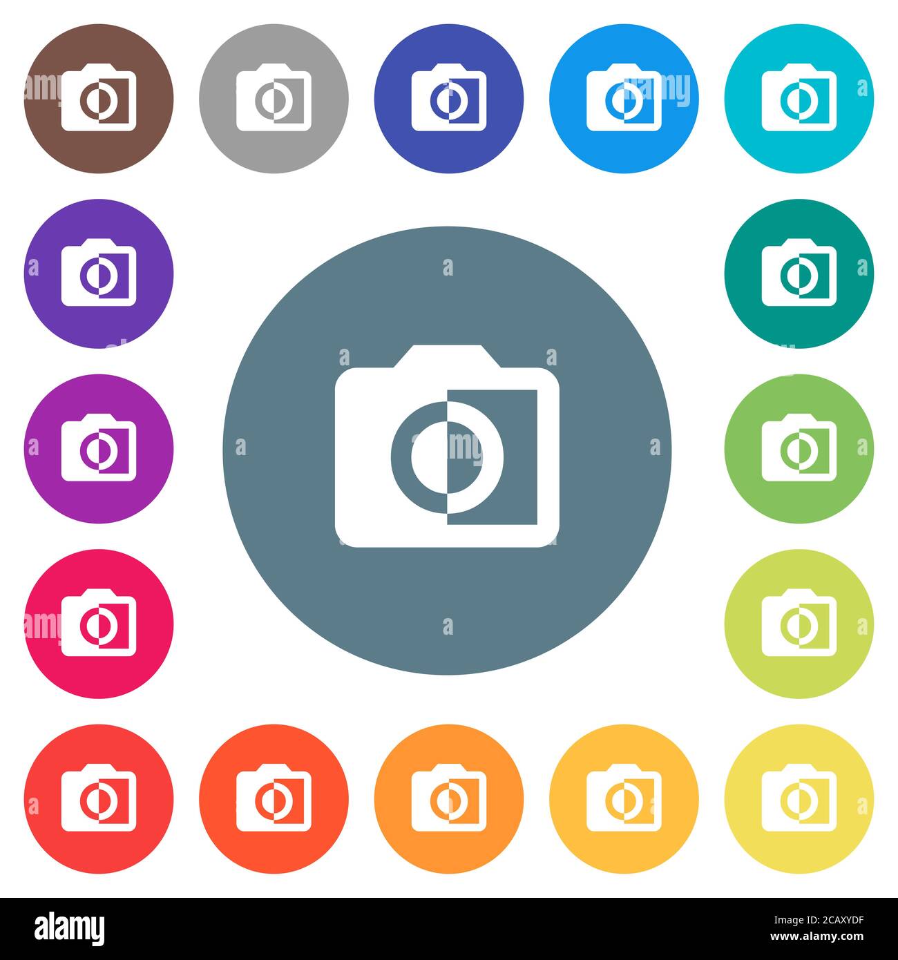 Monochrome photos flat white icons on round color backgrounds. 17 ...