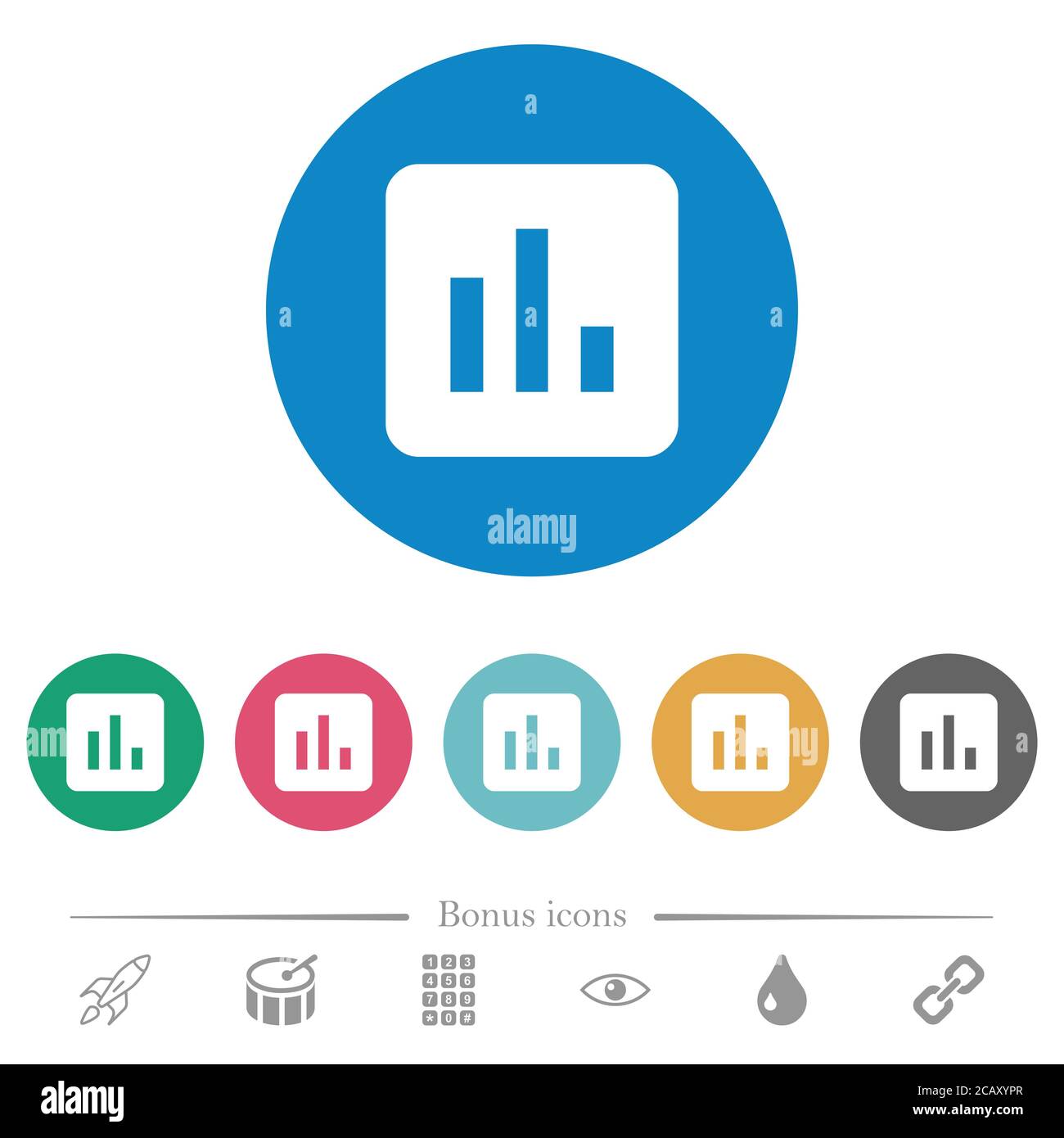 Chart flat white icons on round color backgrounds. 6 bonus icons ...