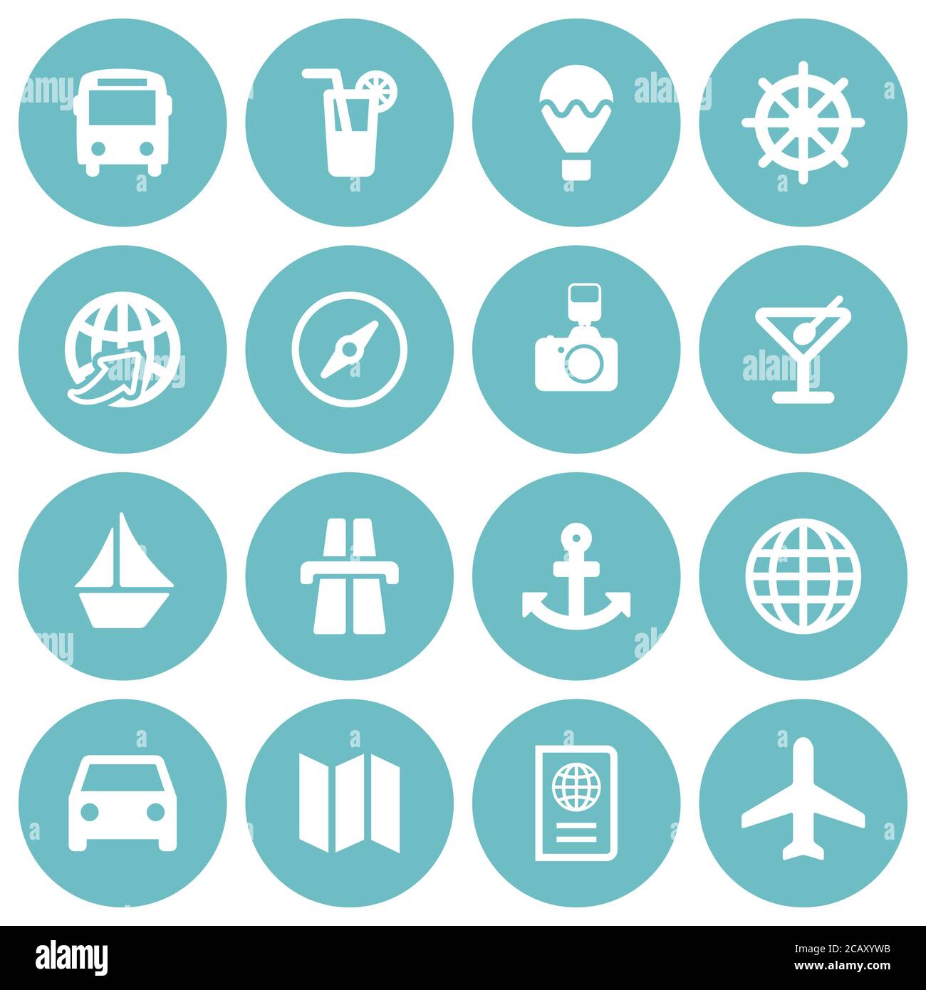 Set of 16 white flat travel icons on round light blue backgrounds Stock ...