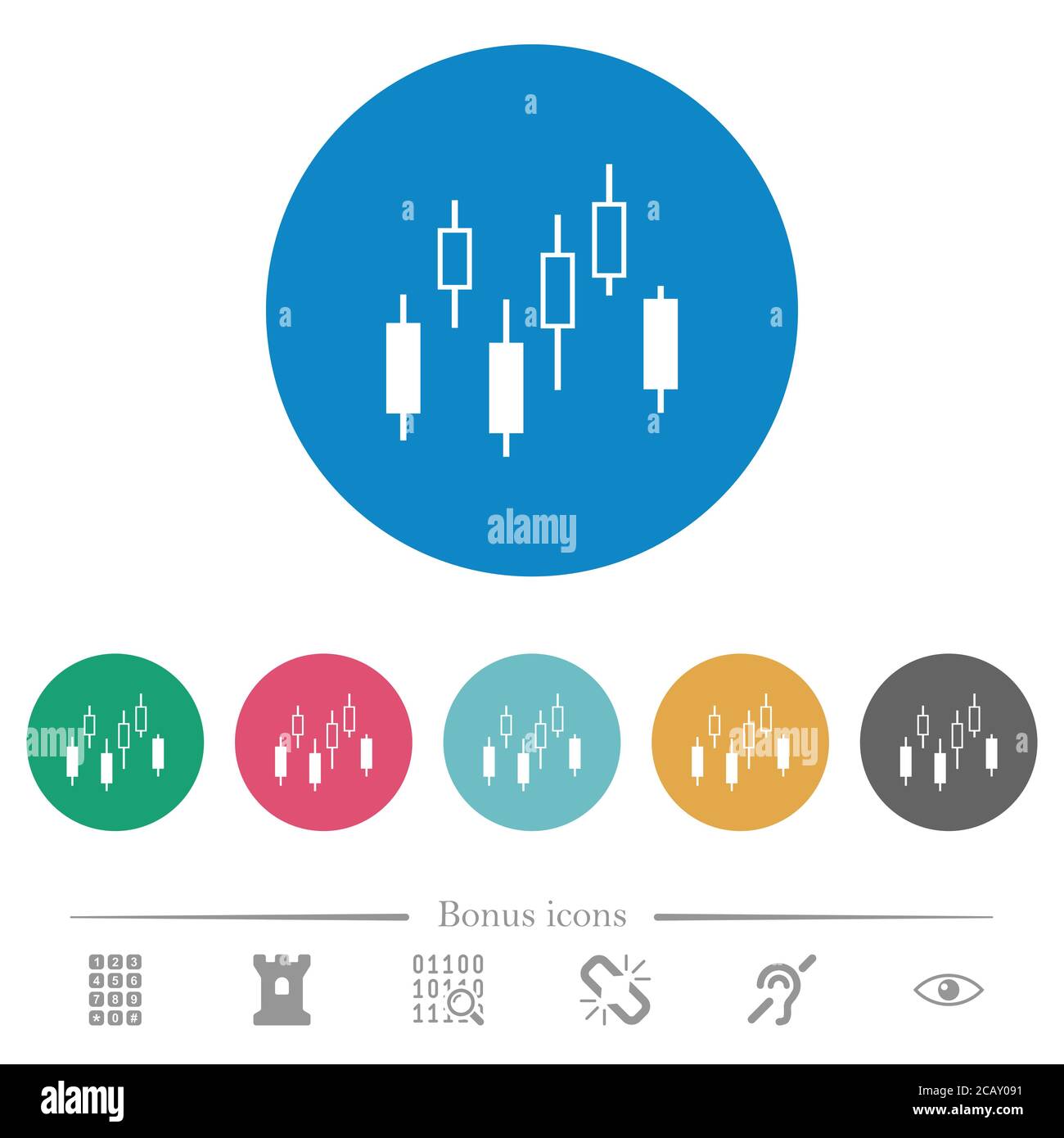 Candlestick chart flat white icons on round color backgrounds. 6 bonus ...
