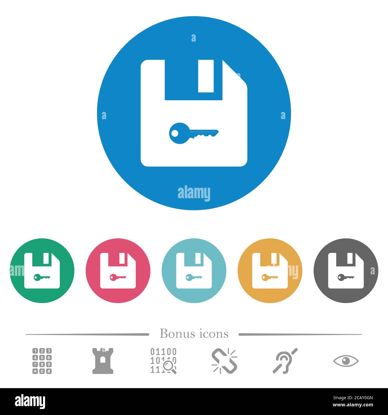 Encrypt file flat white icons on round color backgrounds. 6 bonus icons ...
