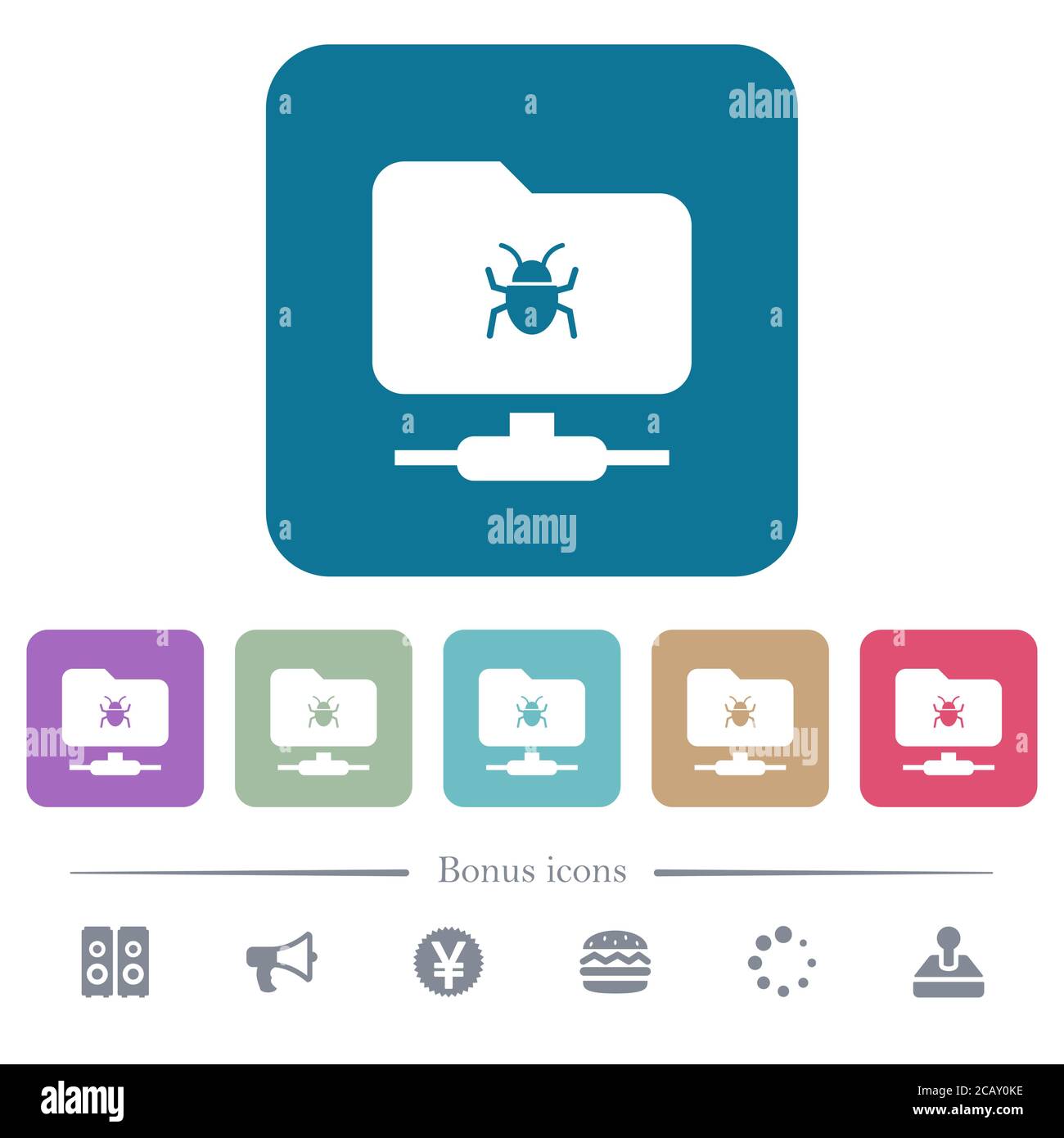 FTP bug white flat icons on color rounded square backgrounds. 6 bonus ...