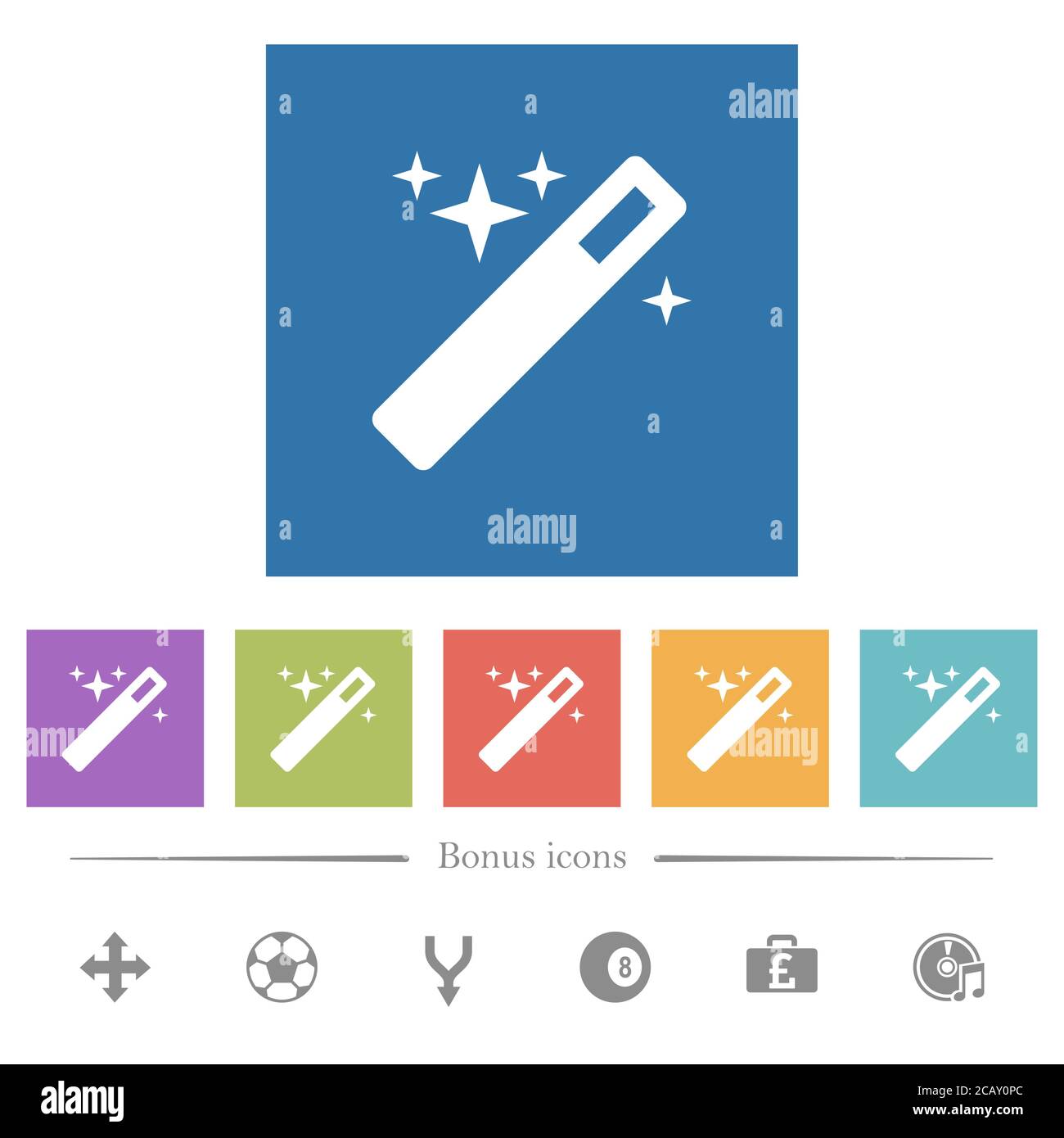 Magic wand flat white icons in square backgrounds. 6 bonus icons ...