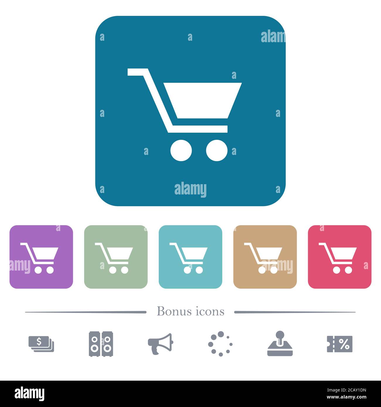 Empty shopping cart white flat icons on color rounded square ...