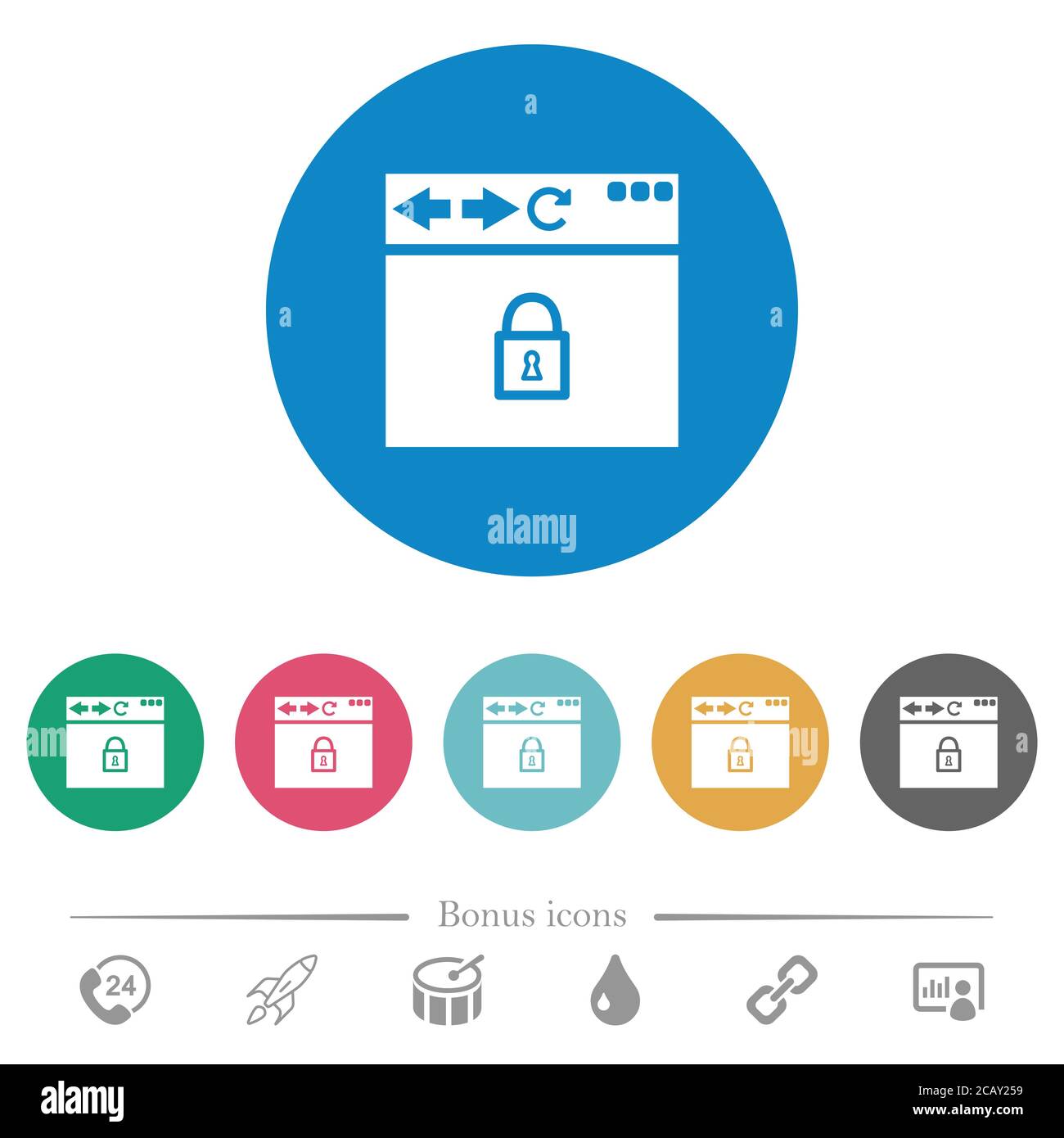 Browser secure flat white icons on round color backgrounds. 6 bonus ...