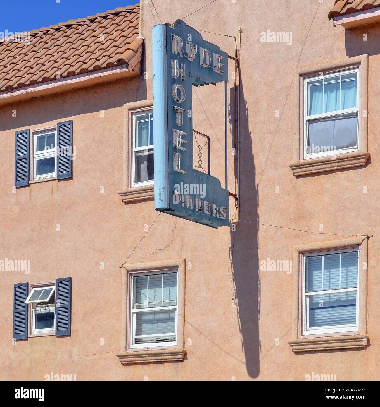 Neon Sign and windows of the Ryde Hotel facing the Sacramento River , 14340 Highway 160, Walnut Grove, CA 95690, USA Stock Photo
