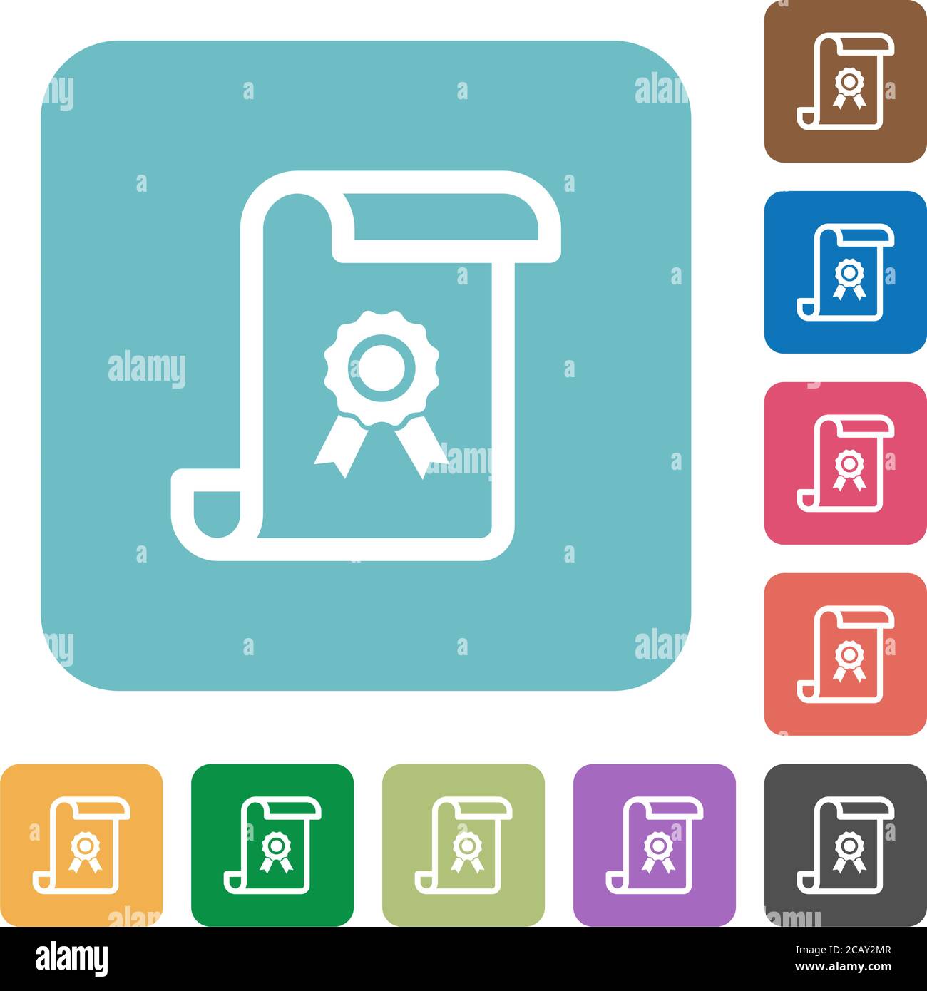 Scroll with certificate white flat icons on color rounded square ...