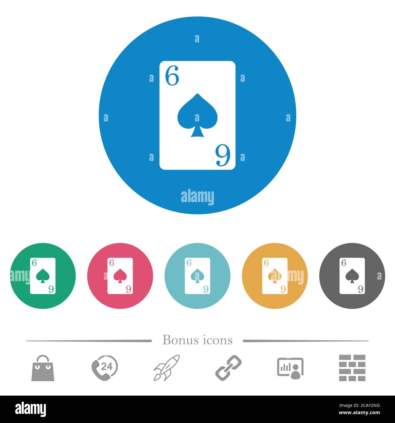 Six of spades card flat white icons on round color backgrounds. 6 bonus