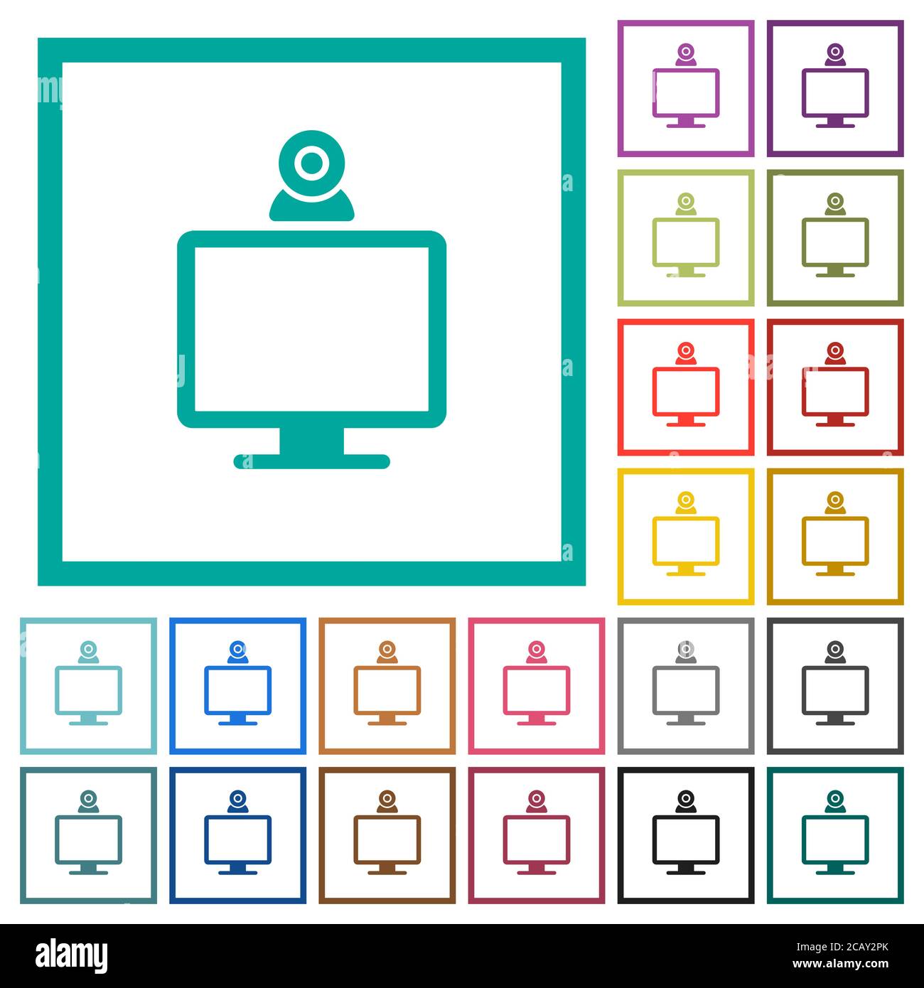 Monitor with webcam flat color icons with quadrant frames on white background Stock Vector