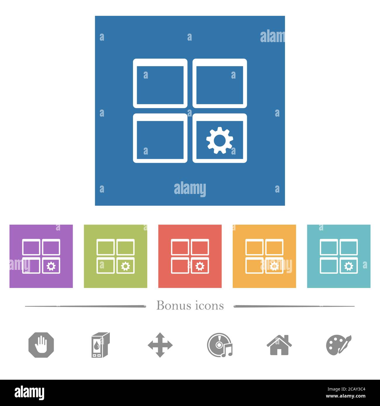 Dashboard settings flat white icons in square backgrounds. 6 bonus