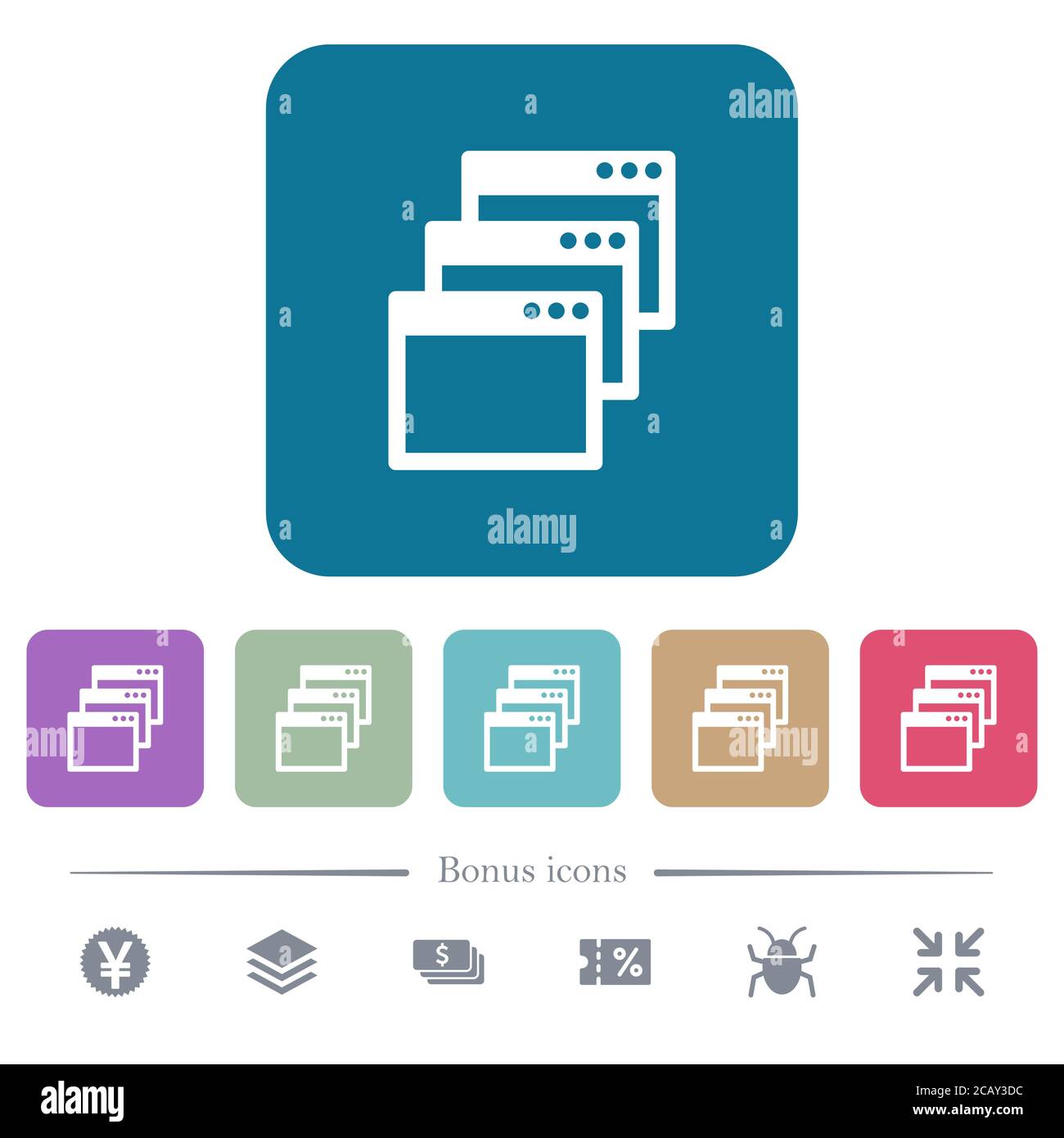 Cascade window view mode white flat icons on color rounded square ...
