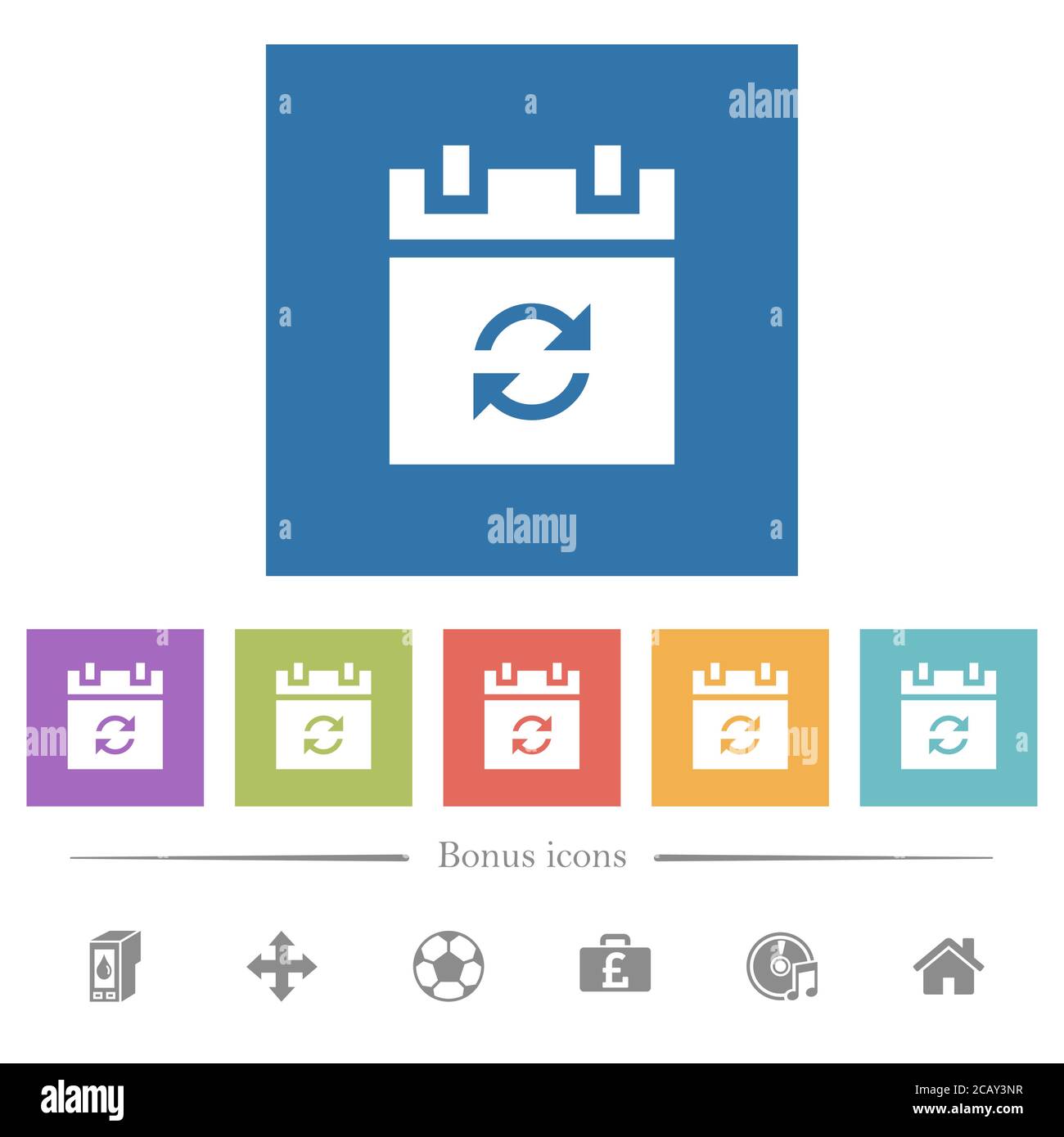 Syncronize schedule flat white icons in square backgrounds. 6 bonus ...