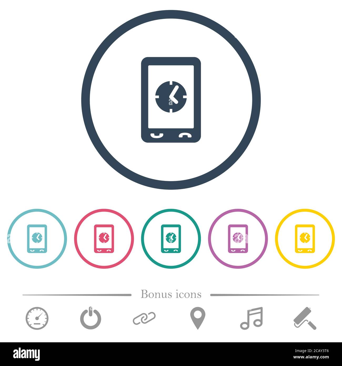 Mobile clock flat color icons in round outlines. 6 bonus icons included ...