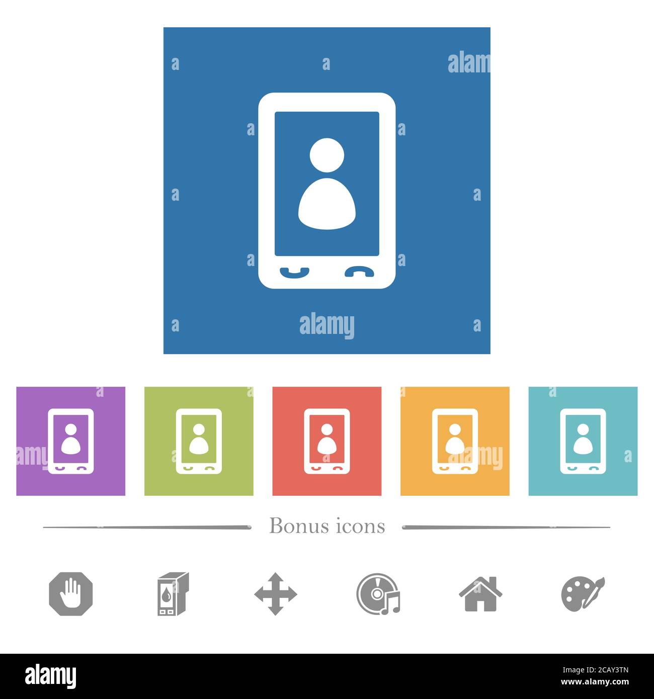Mobile user profile flat white icons in square backgrounds. 6 bonus ...