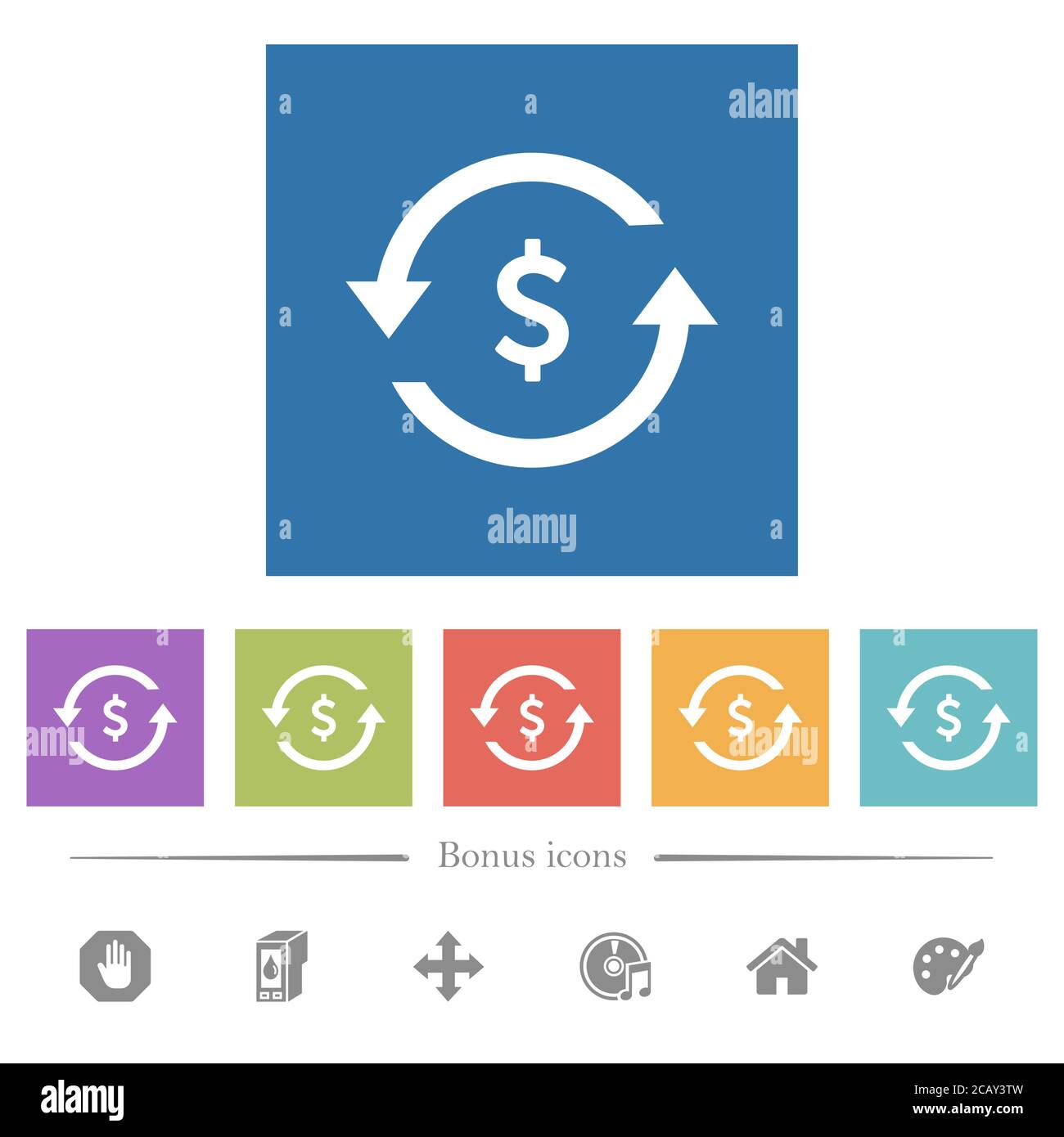 Dollar pay back flat white icons in square backgrounds. 6 bonus icons ...