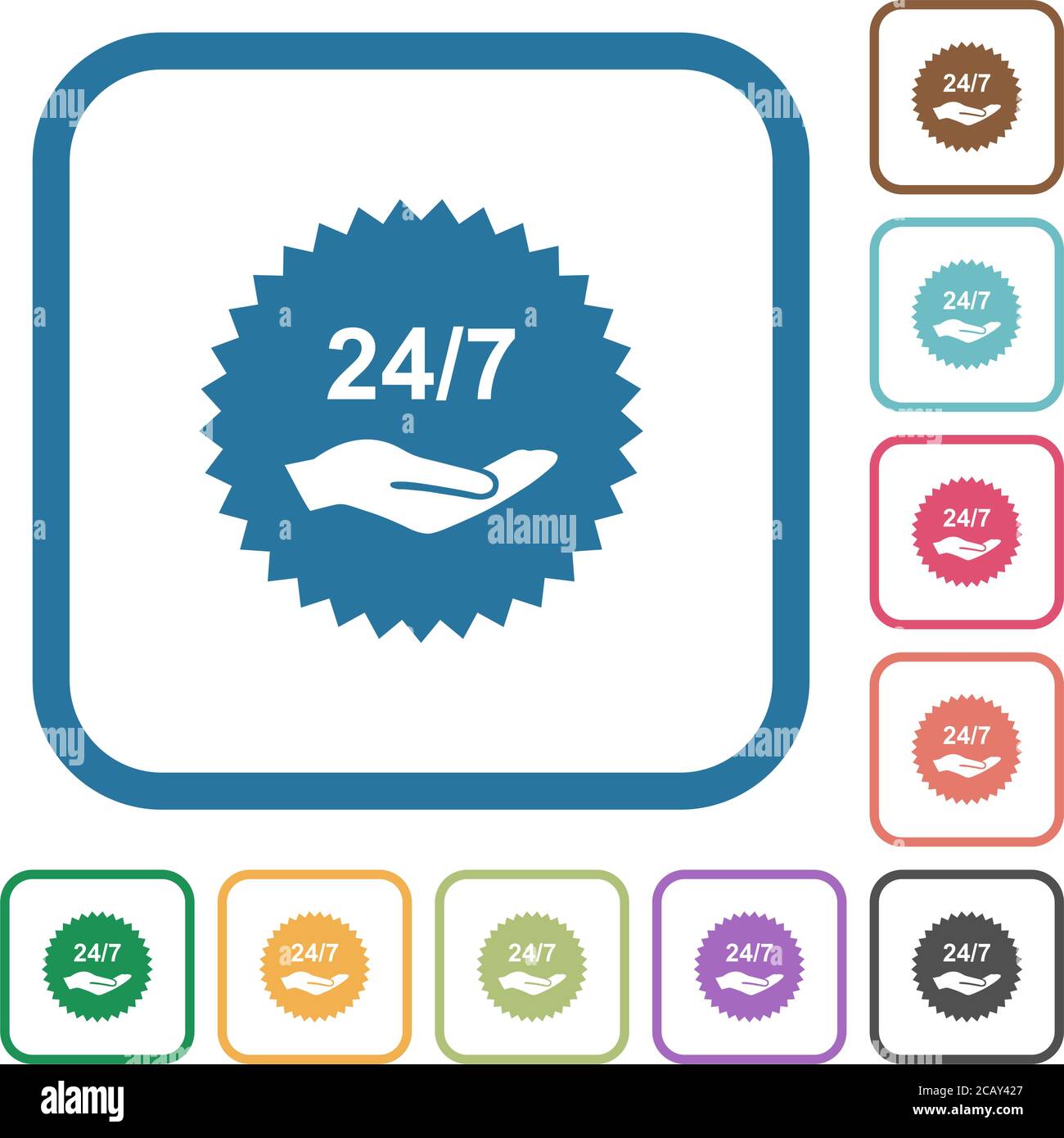 24 hours seven service sticker simple icons in color rounded square ...