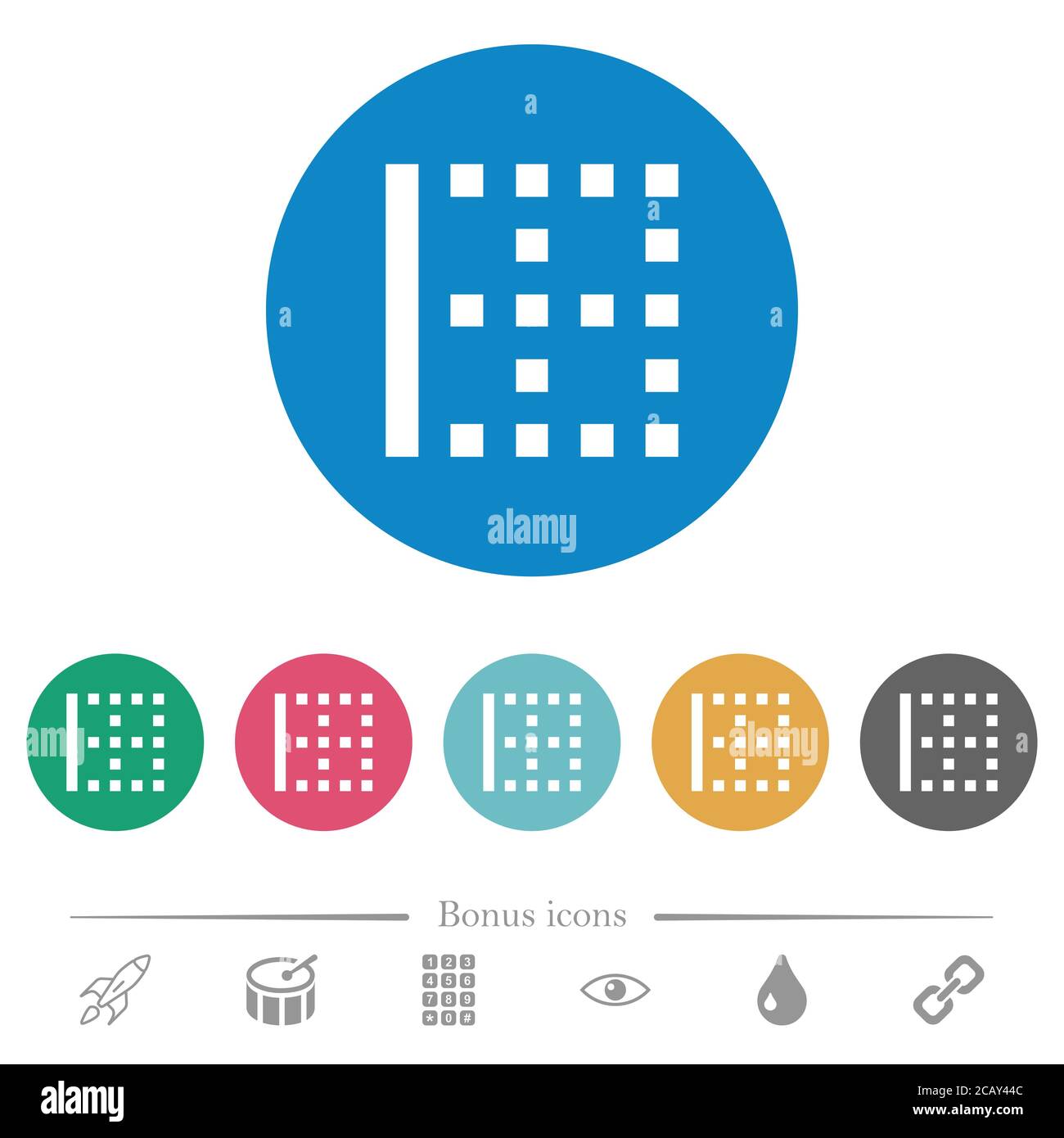 Left border flat white icons on round color backgrounds. 6 bonus icons ...