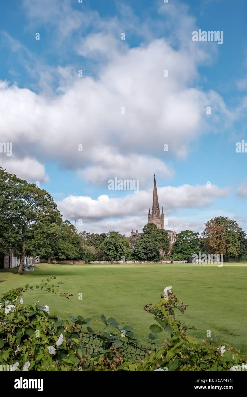 A distant Norwich cathedral on a bright and sunny day Stock Photo