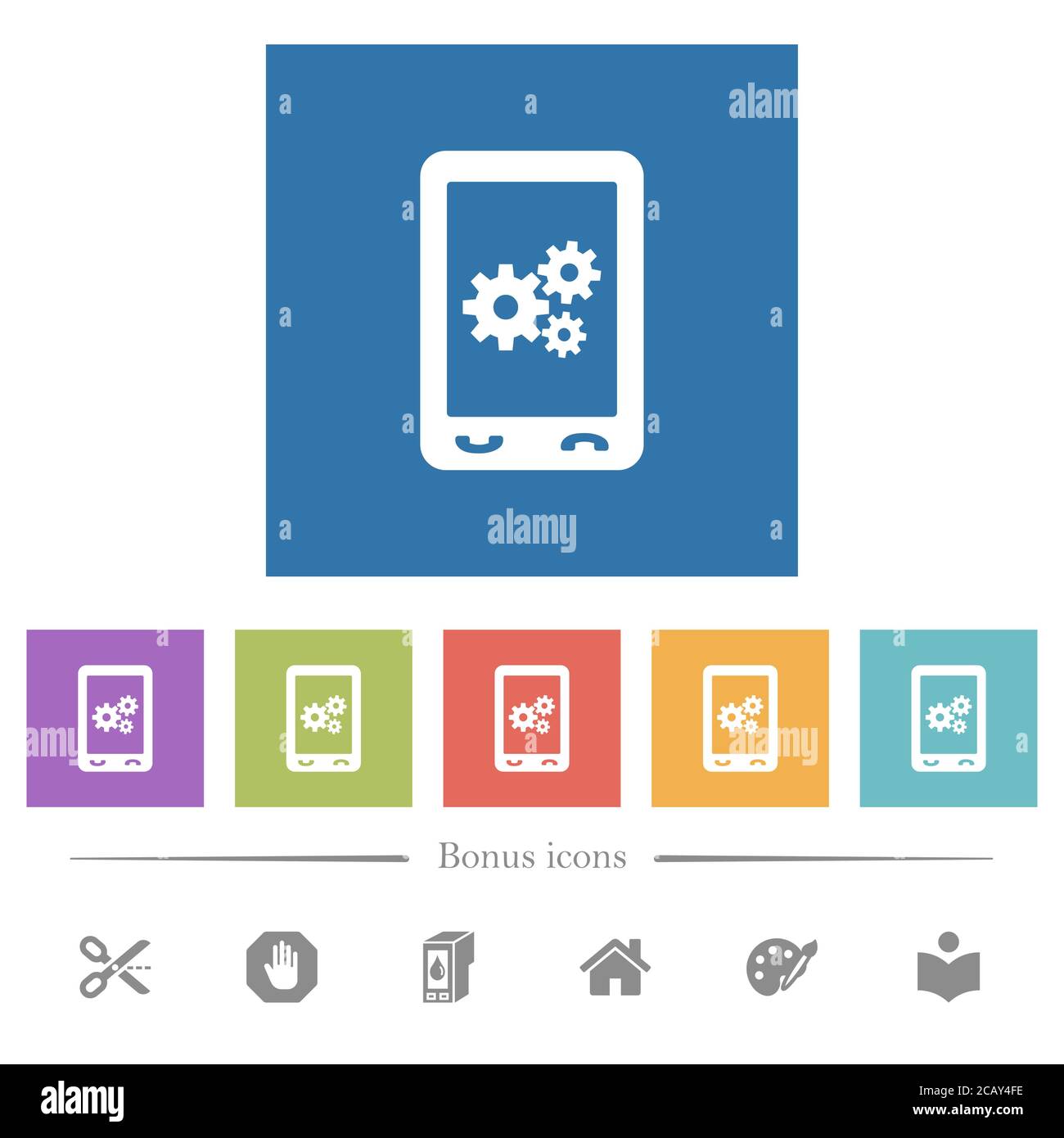 Mobile preferences flat white icons in square backgrounds. 6 bonus ...