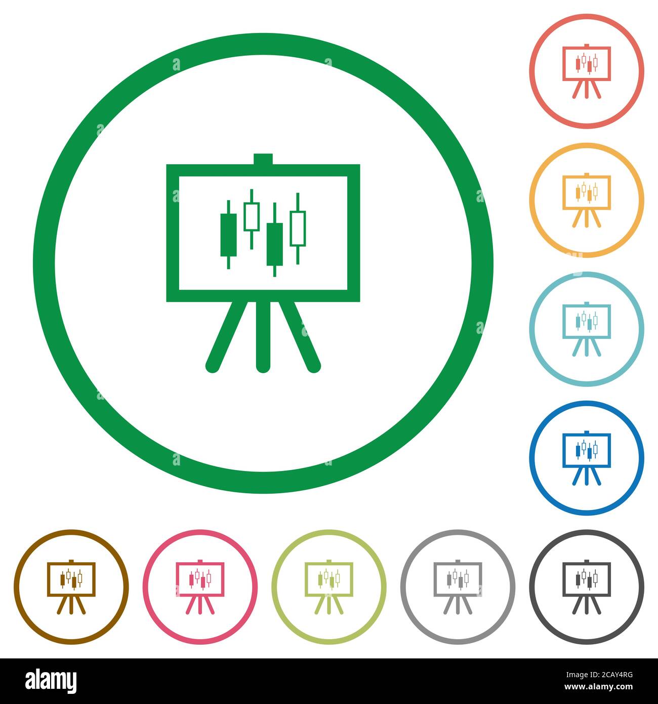 Presentation table with candlestick chart flat color icons in round ...