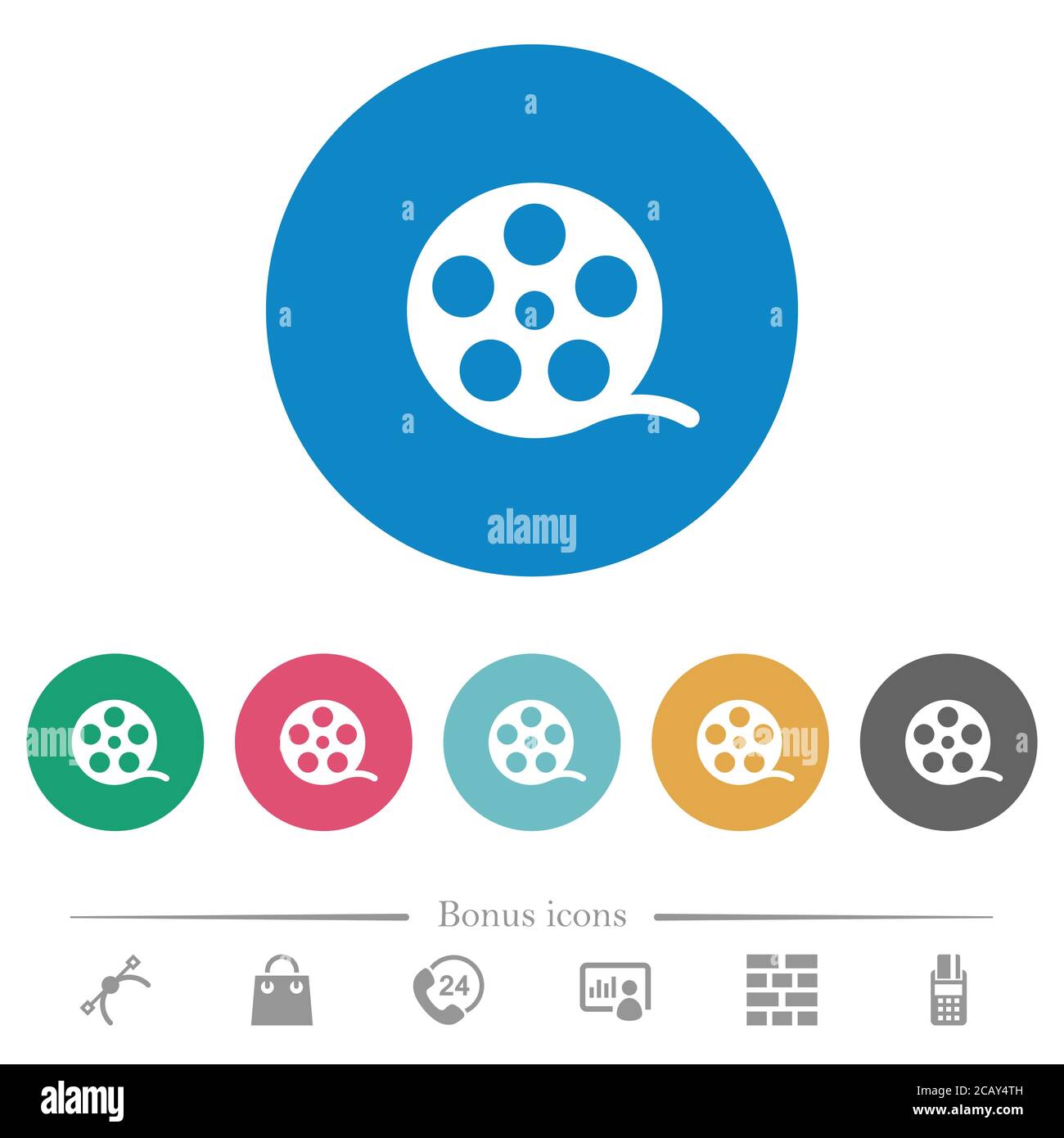 Movie roll flat white icons on round color backgrounds. 6 bonus icons ...