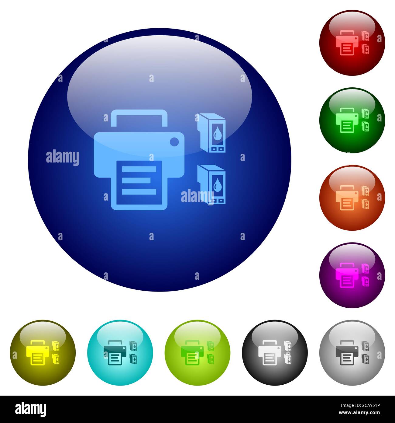 Printer and ink cartridges icons on round color glass buttons Stock ...