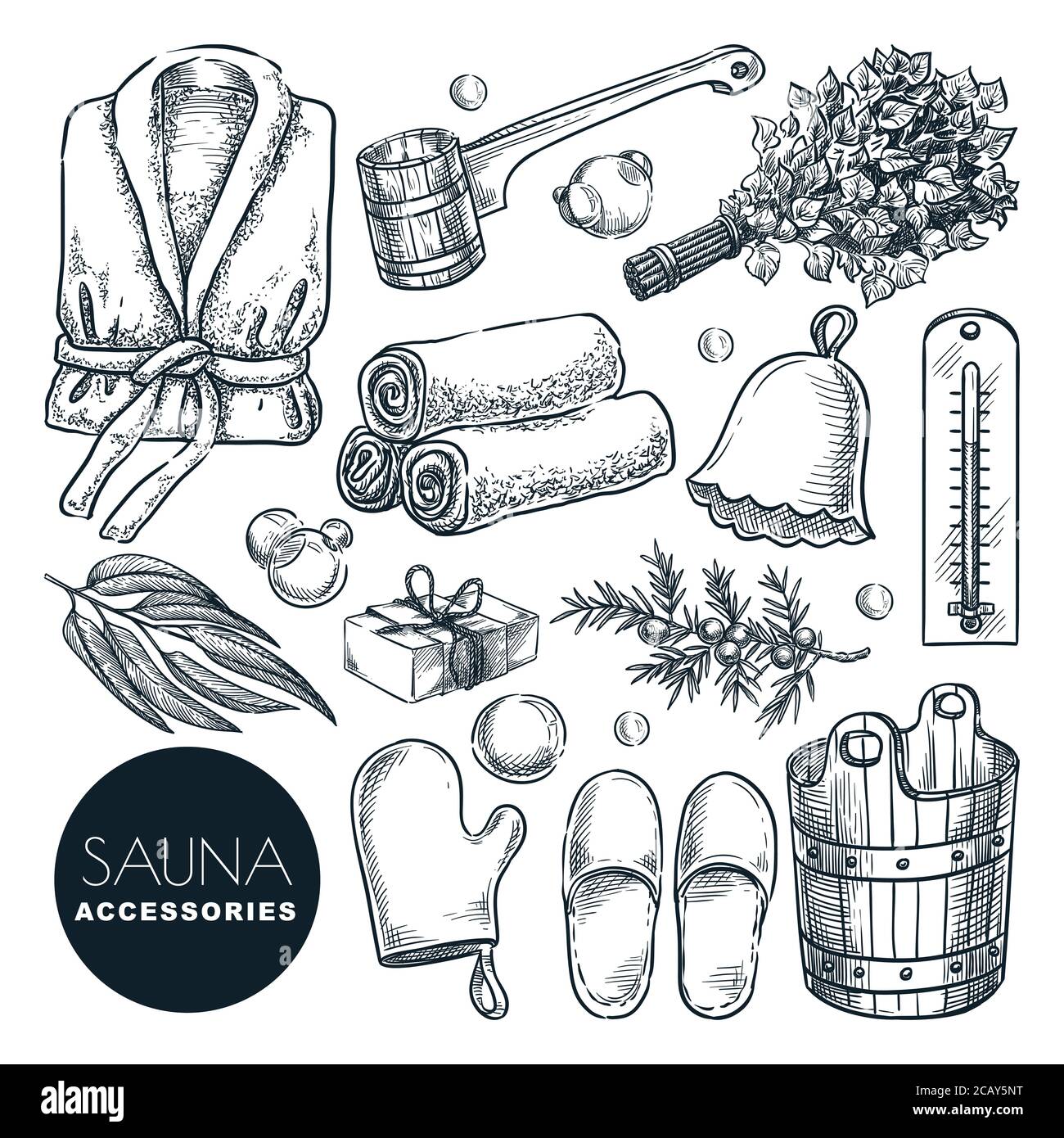 Sauna and bathhouse accessories and equipment set. Vector hand drawn sketch illustration. Bath and spa isolated design elements. Wooden bucket, birch Stock Vector